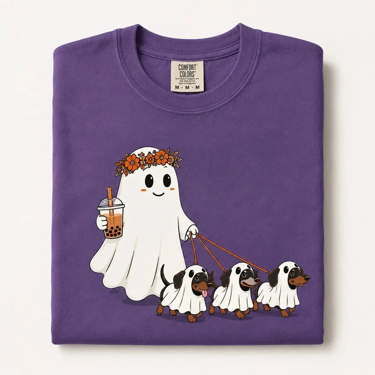 Ghost Dog Mom Halloween Shirt, Cute Dachshund Bubble Tea Graphic Tee, Spooky Wiener Dog Lover Fall Boba Gift Top