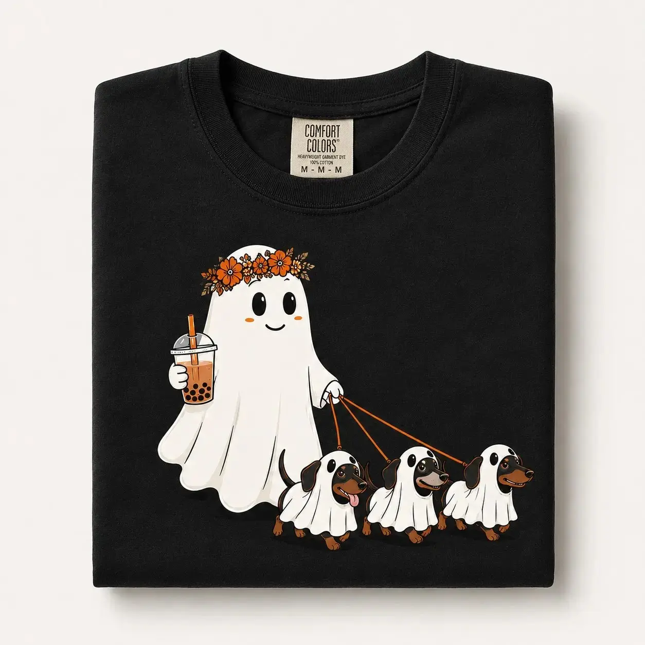 Ghost Dog Mom Halloween Shirt, Cute Dachshund Bubble Tea Graphic Tee, Spooky Wiener Dog Lover Fall Boba Gift Top - photo 2