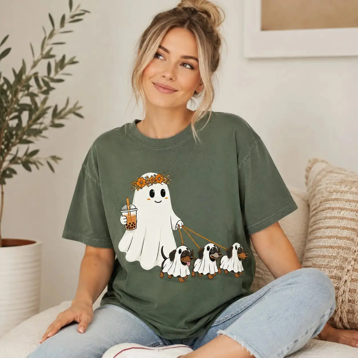 Ghost Dog Mom Halloween Shirt, Cute Dachshund Bubble Tea Graphic Tee, Spooky Wiener Dog Lover Fall Boba Gift Top - photo 3