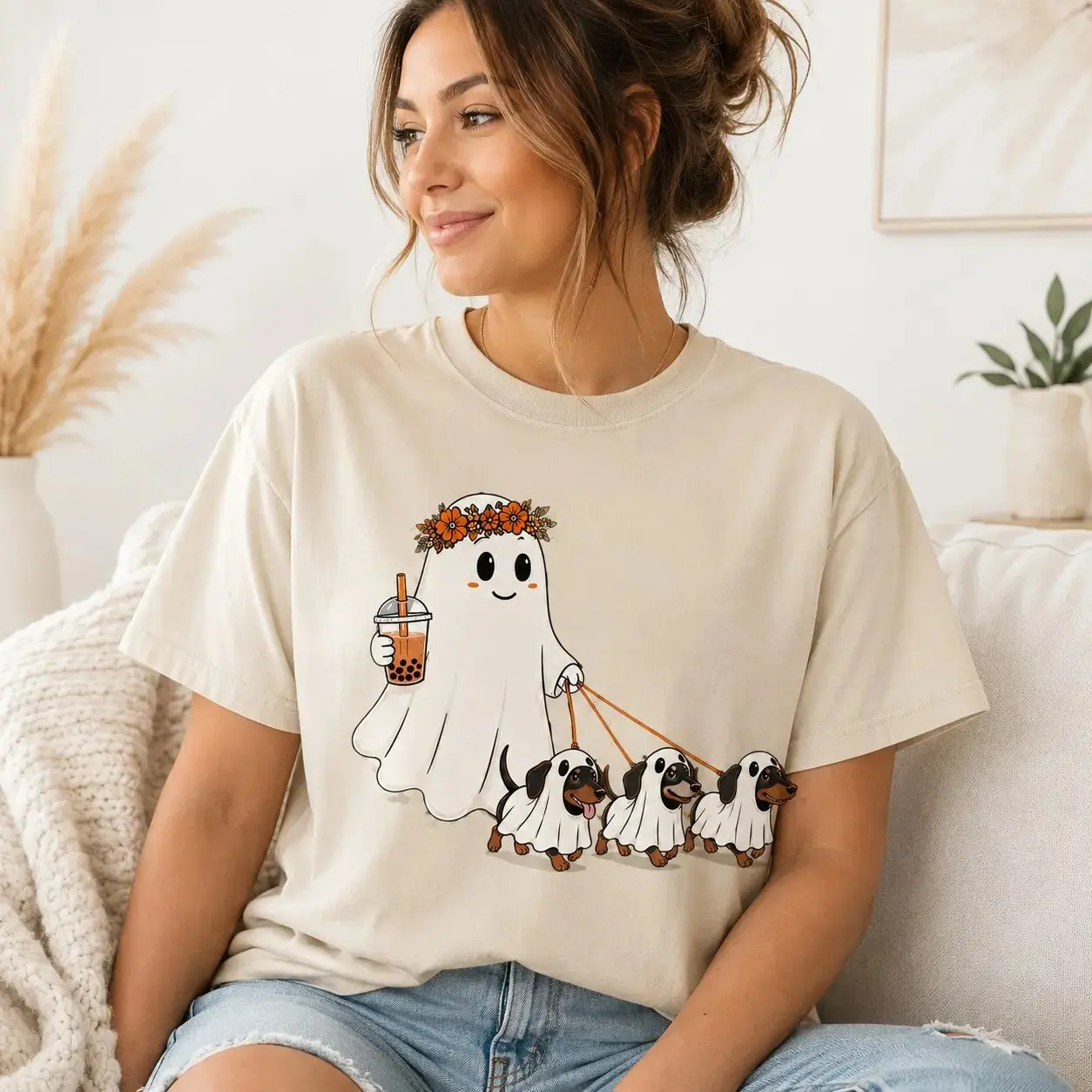 Ghost Dog Mom Halloween Shirt, Cute Dachshund Bubble Tea Graphic Tee, Spooky Wiener Dog Lover Fall Boba Gift Top - photo 4