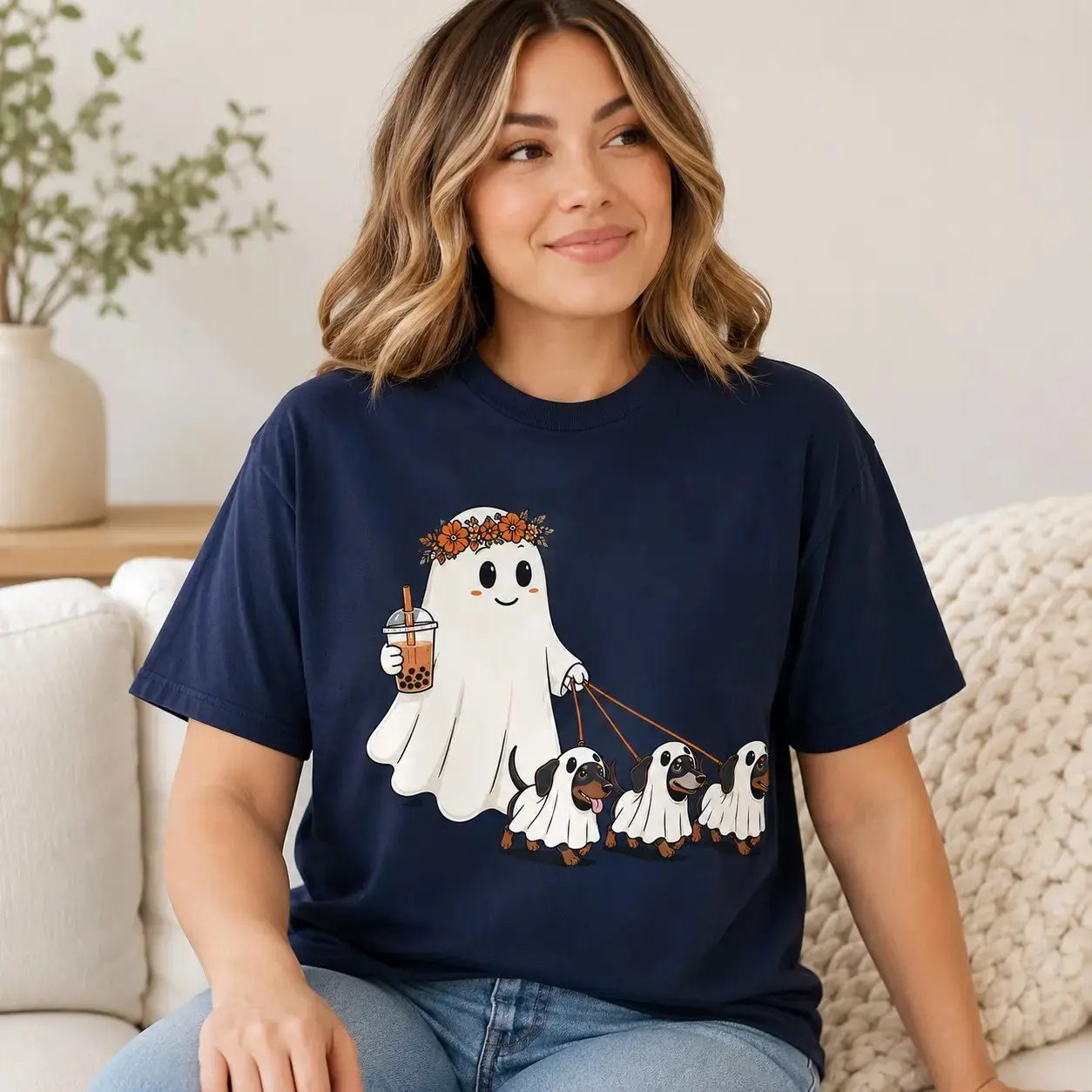 Ghost Dog Mom Halloween Shirt, Cute Dachshund Bubble Tea Graphic Tee, Spooky Wiener Dog Lover Fall Boba Gift Top - photo 5