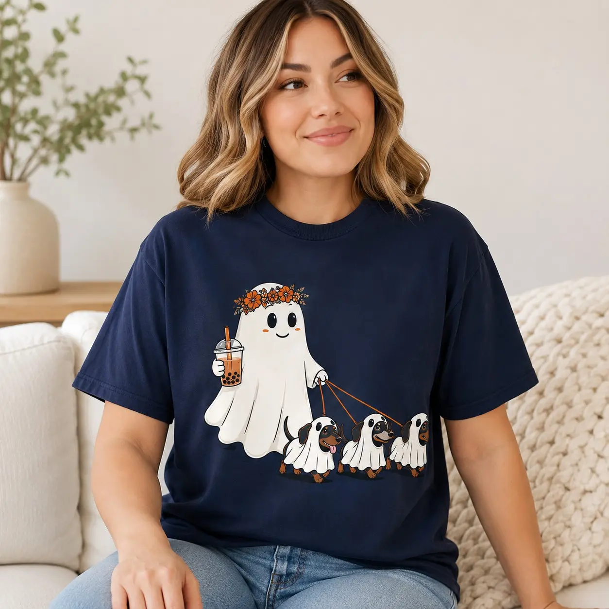 Ghost Dog Mom Halloween Crewneck, Cute Dachshund Bubble Tea Boba Spooky Wiener Lover Fall Sweatshirt - photo 5