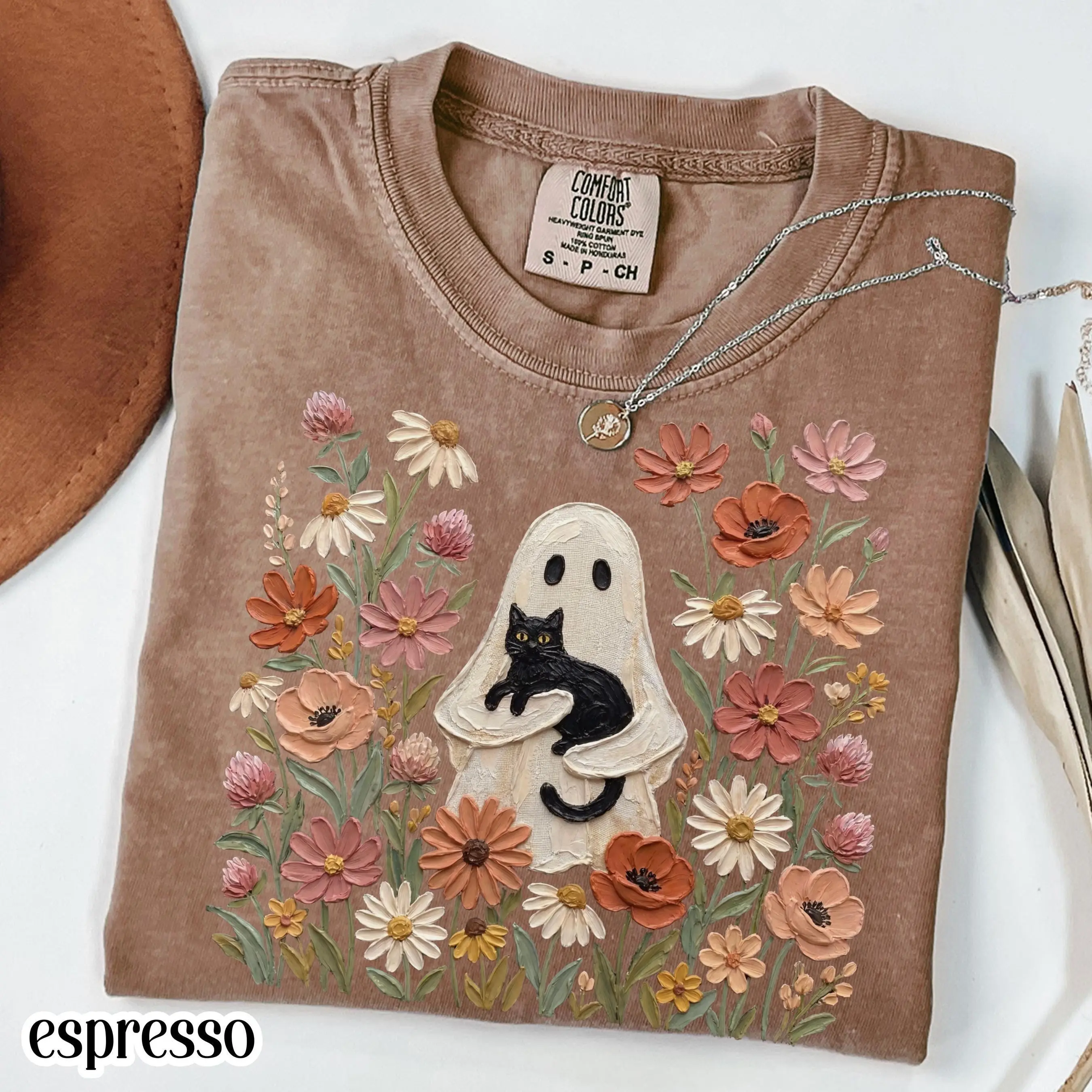 Ghost Fall Comfort Colors Shirt, Black Cat Floral Boho Cozy Season Pumpkin Autumn Lover Tee, Vintage Flowers Top