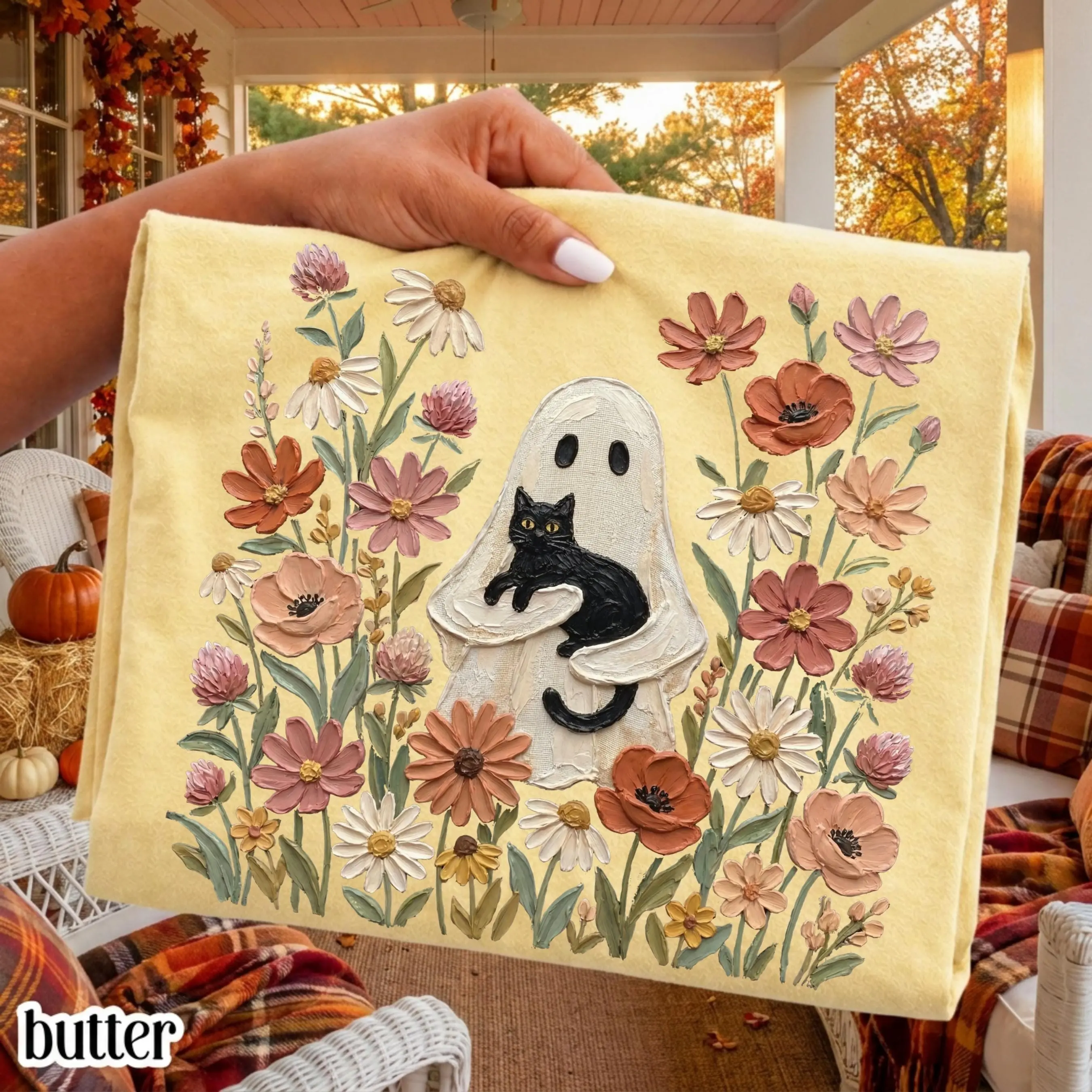Ghost Fall Comfort Colors Shirt, Black Cat Floral Boho Cozy Season Pumpkin Autumn Lover Tee, Vintage Flowers Top - photo 2