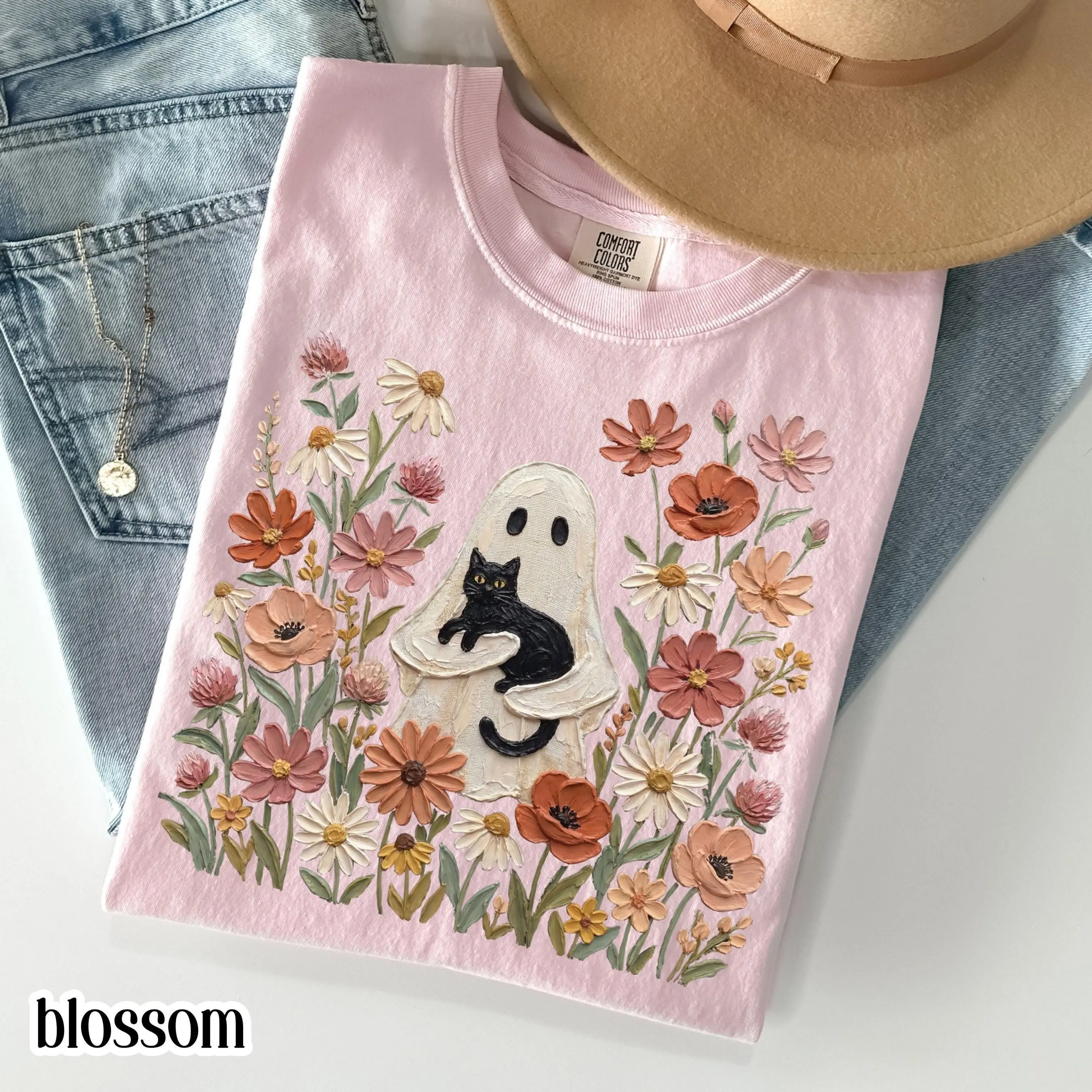 Ghost Fall Comfort Colors Shirt, Black Cat Floral Boho Cozy Season Pumpkin Autumn Lover Tee, Vintage Flowers Top - photo 4