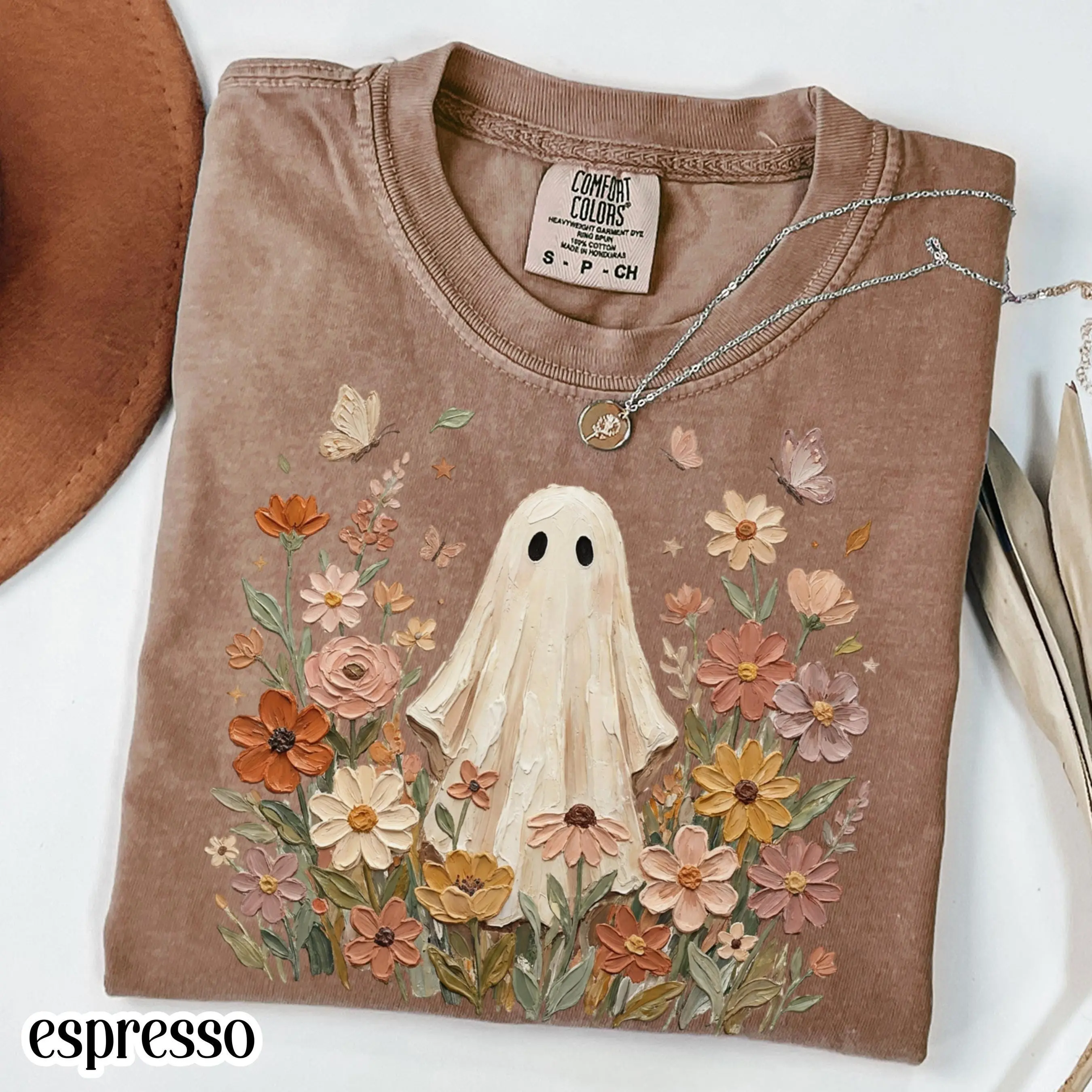 Ghost Fall Comfort Colors Shirt, Floral Boho Cozy Season Pumpkin Vintage Autumn Lover Thanksgiving Tee