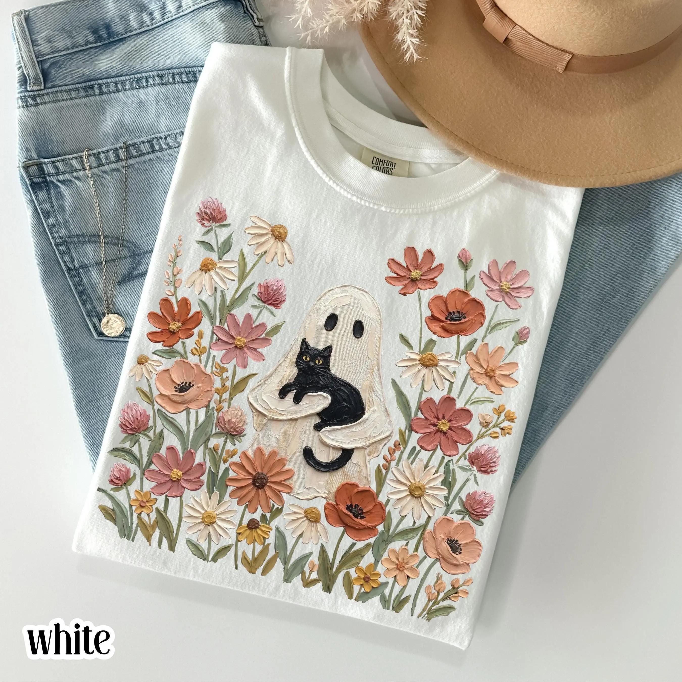 Vintage Ghost With Flowers Fall Shirt, Black Cat Floral Boho Cozy Season Pumpkin Autumn Tee - photo 5
