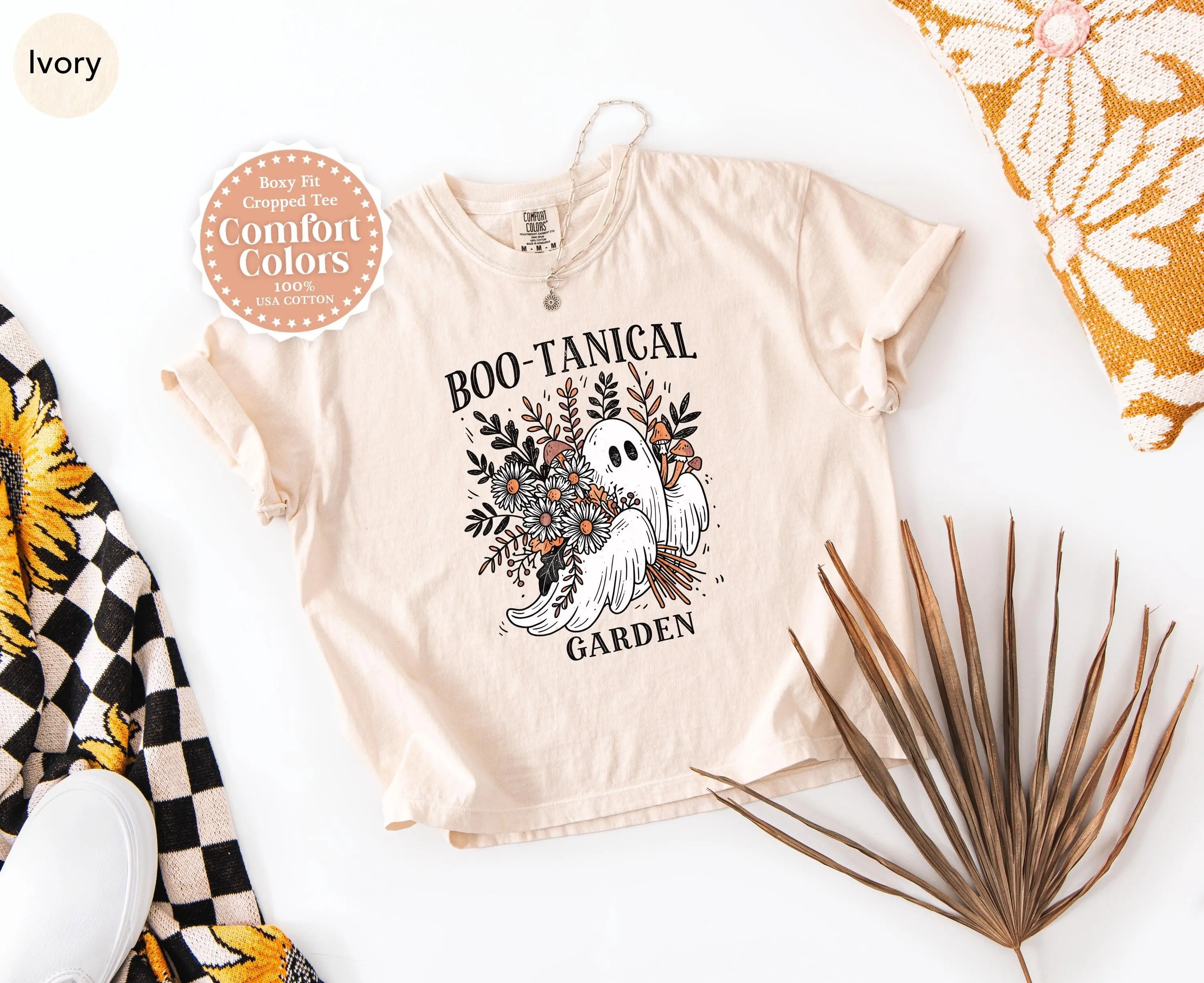 Ghost Flowers Crop Shirt, Botanical Halloween Cropped Funny Floral Boo-Tanical Garden Boxy Tee, Comfort Colors Top - photo 5