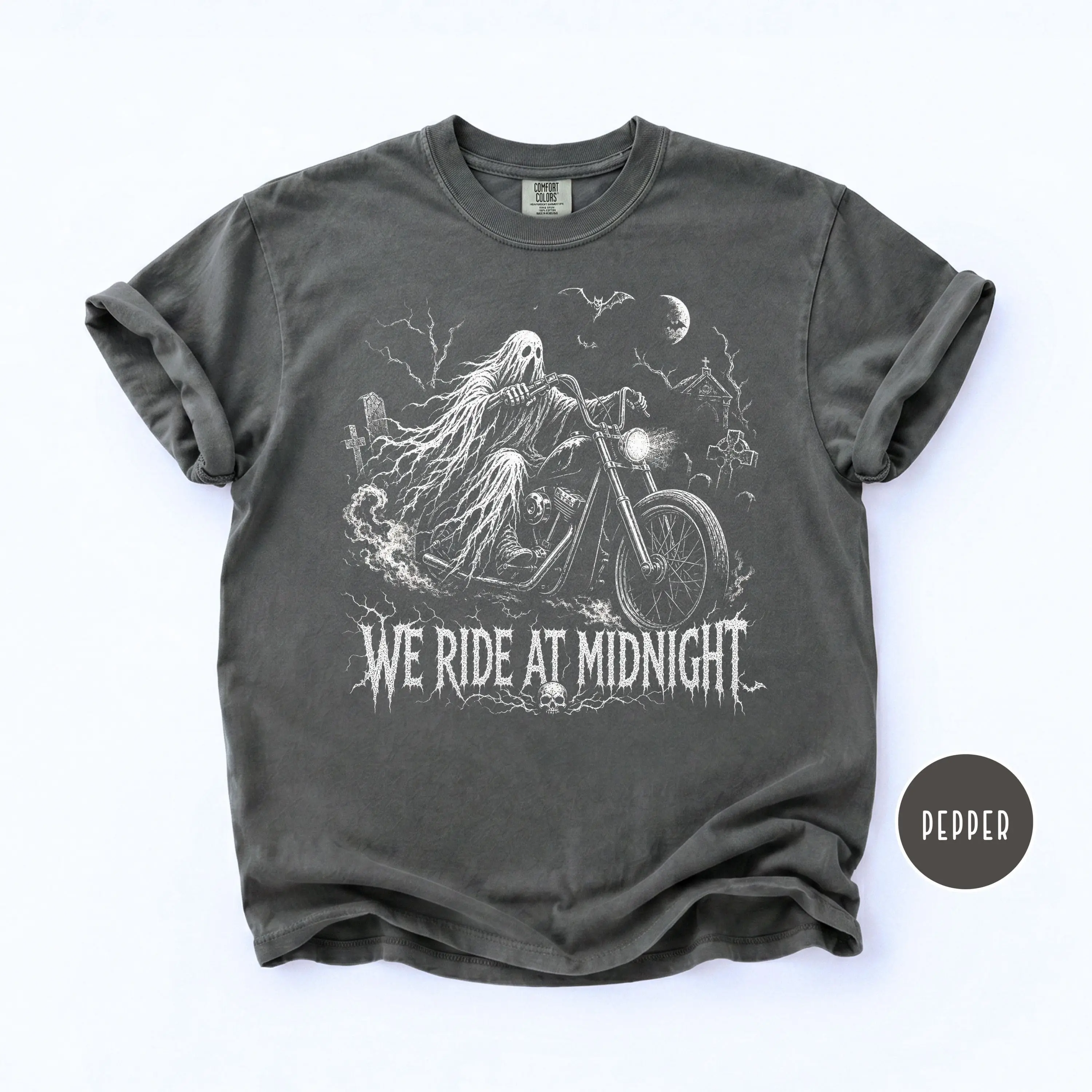 Comfort Colors Ghost Motorcycle Halloween Sweatshirt, Vintage Biker Spooky Season Graphic Crewneck