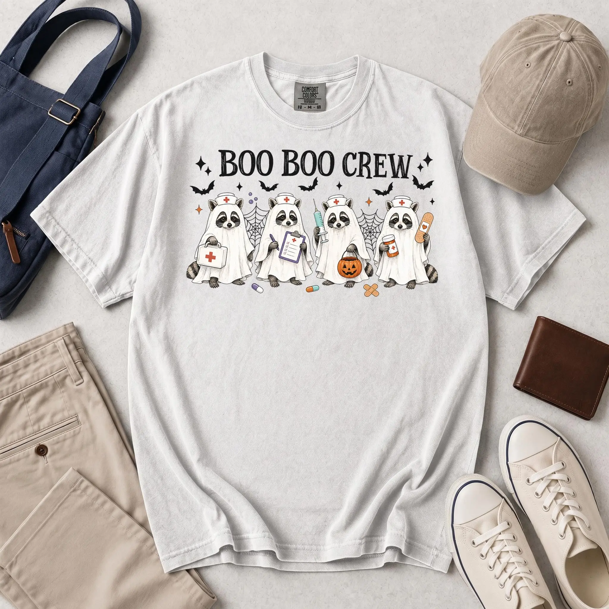 Ghost Nurse Raccoon Crew Shirt, Boo Boo Squad Funny Tee, Halloween Nursing Student RN Costume Comfort Colors Gift