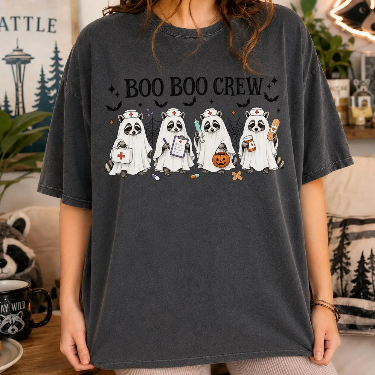 Ghost Nurse Raccoon Crew Shirt, Boo Boo Squad Funny Tee, Halloween Nursing Student RN Costume Comfort Colors Gift - photo 2