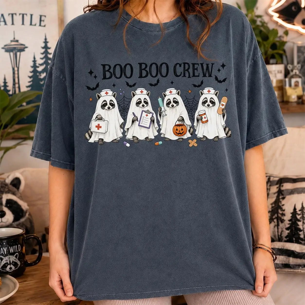 Ghost Nurse Raccoon Crew Shirt, Boo Boo Squad Funny Tee, Halloween Nursing Student RN Costume Comfort Colors Gift - photo 3