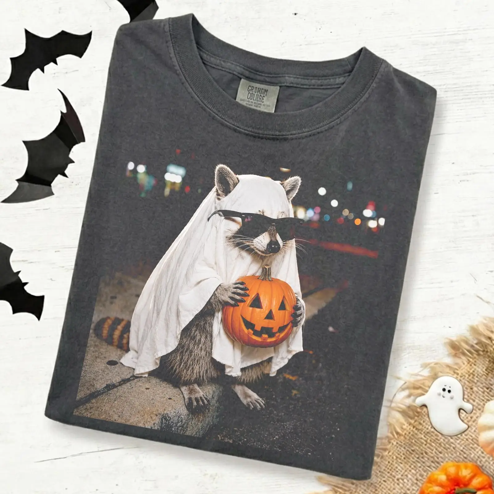 Comfort Colors Ghost Raccoon Holding Pumpkin Halloween Shirt, Funny Spooky Fall Animal Tee or Sweatshirt