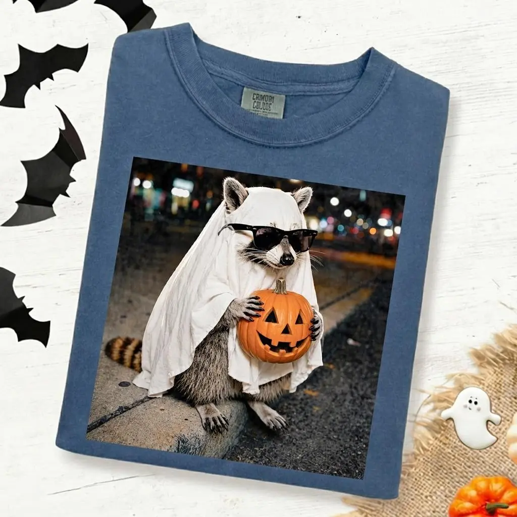 Comfort Colors Ghost Raccoon Holding Pumpkin Halloween Shirt, Funny Spooky Fall Animal Tee or Sweatshirt - photo 2