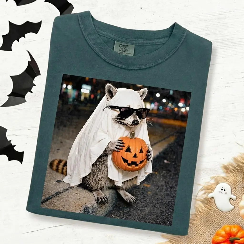 Comfort Colors Ghost Raccoon Holding Pumpkin Halloween Shirt, Funny Spooky Fall Animal Tee or Sweatshirt - photo 3