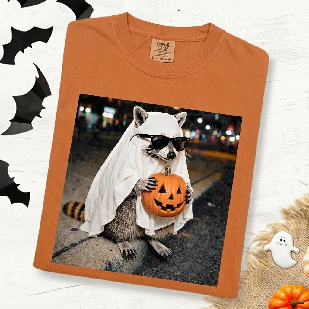 Comfort Colors Ghost Raccoon Holding Pumpkin Halloween Shirt, Funny Spooky Fall Animal Tee or Sweatshirt - photo 5