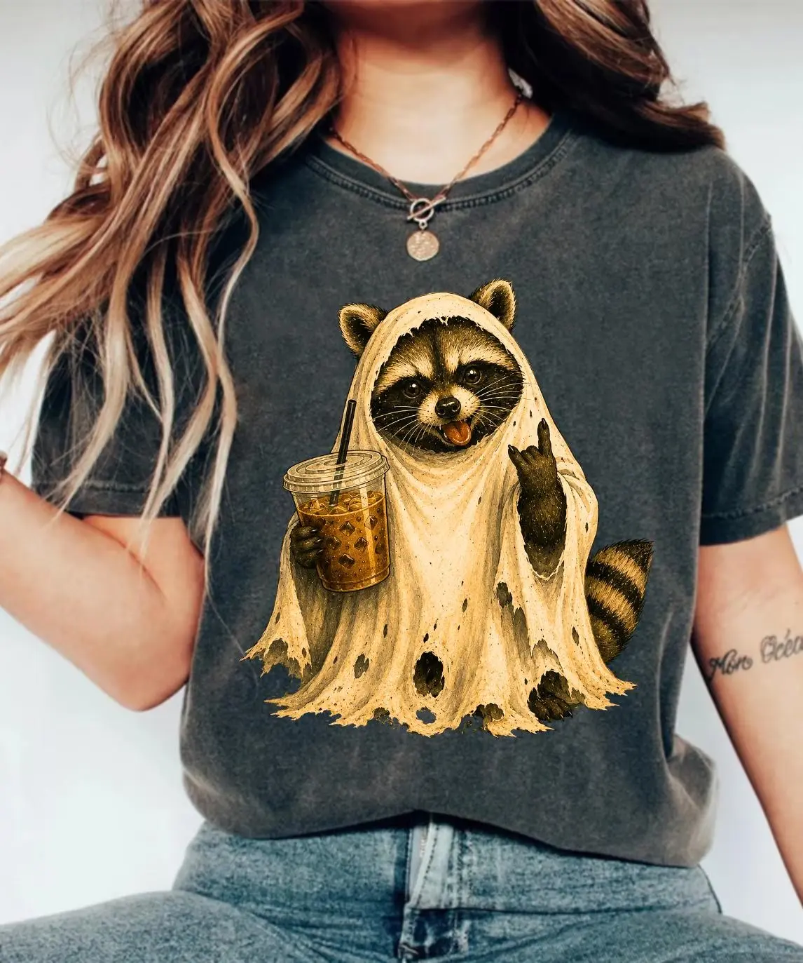 Ghost Raccoon Shirt, Funny Halloween Iced Coffee Tee, Womens Trash Panda Graphic Top, Cute Spooky Season Fall Gift