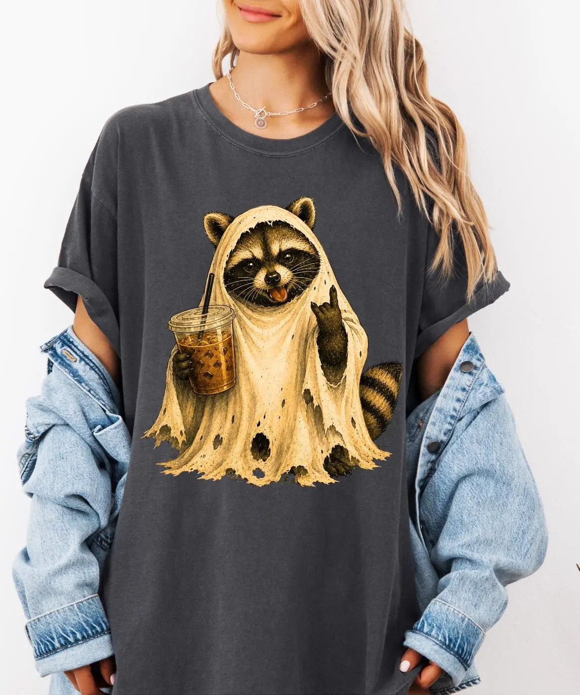 Ghost Raccoon Shirt, Funny Halloween Iced Coffee Tee, Womens Trash Panda Graphic Top, Cute Spooky Season Fall Gift - photo 2