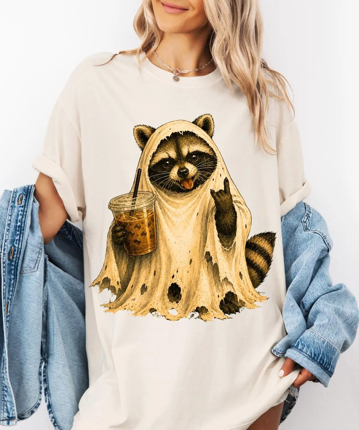 Ghost Raccoon Shirt, Funny Halloween Iced Coffee Tee, Womens Trash Panda Graphic Top, Cute Spooky Season Fall Gift - photo 3