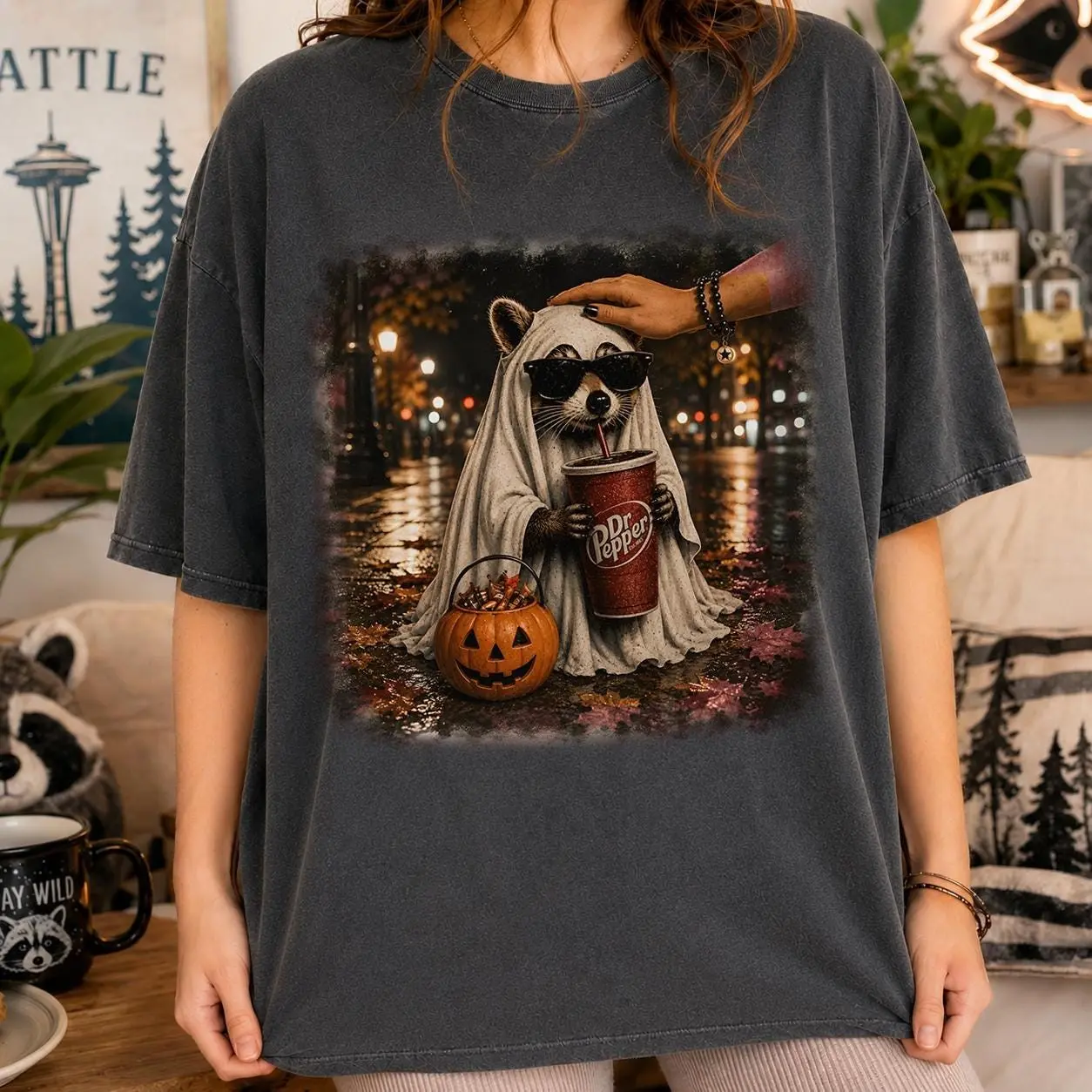 Ghost Raccoon Sunglasses Shirt, Trendy Soda Cup Halloween Tee, Funny Street Style Autumn Comfort Colors Gift