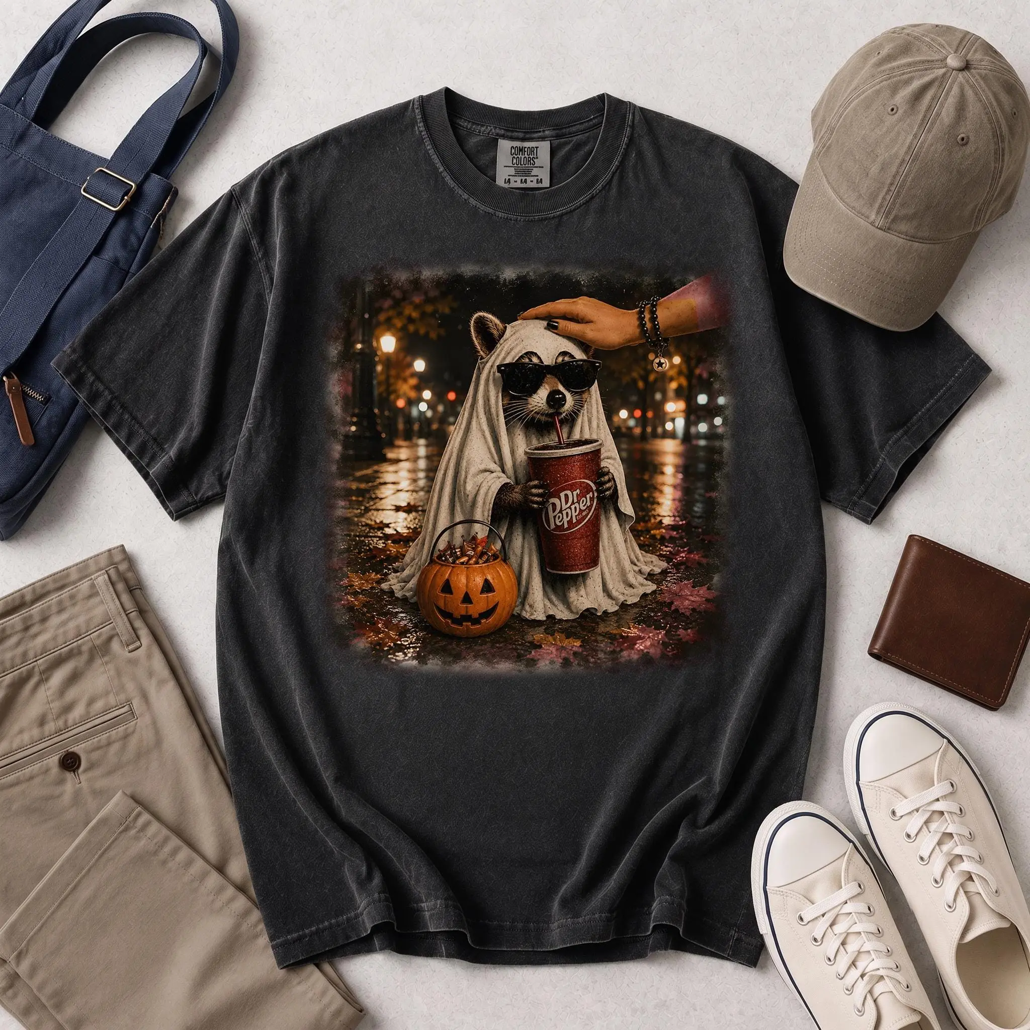 Ghost Raccoon Sunglasses Shirt, Trendy Soda Cup Halloween Tee, Funny Street Style Autumn Comfort Colors Gift - photo 2