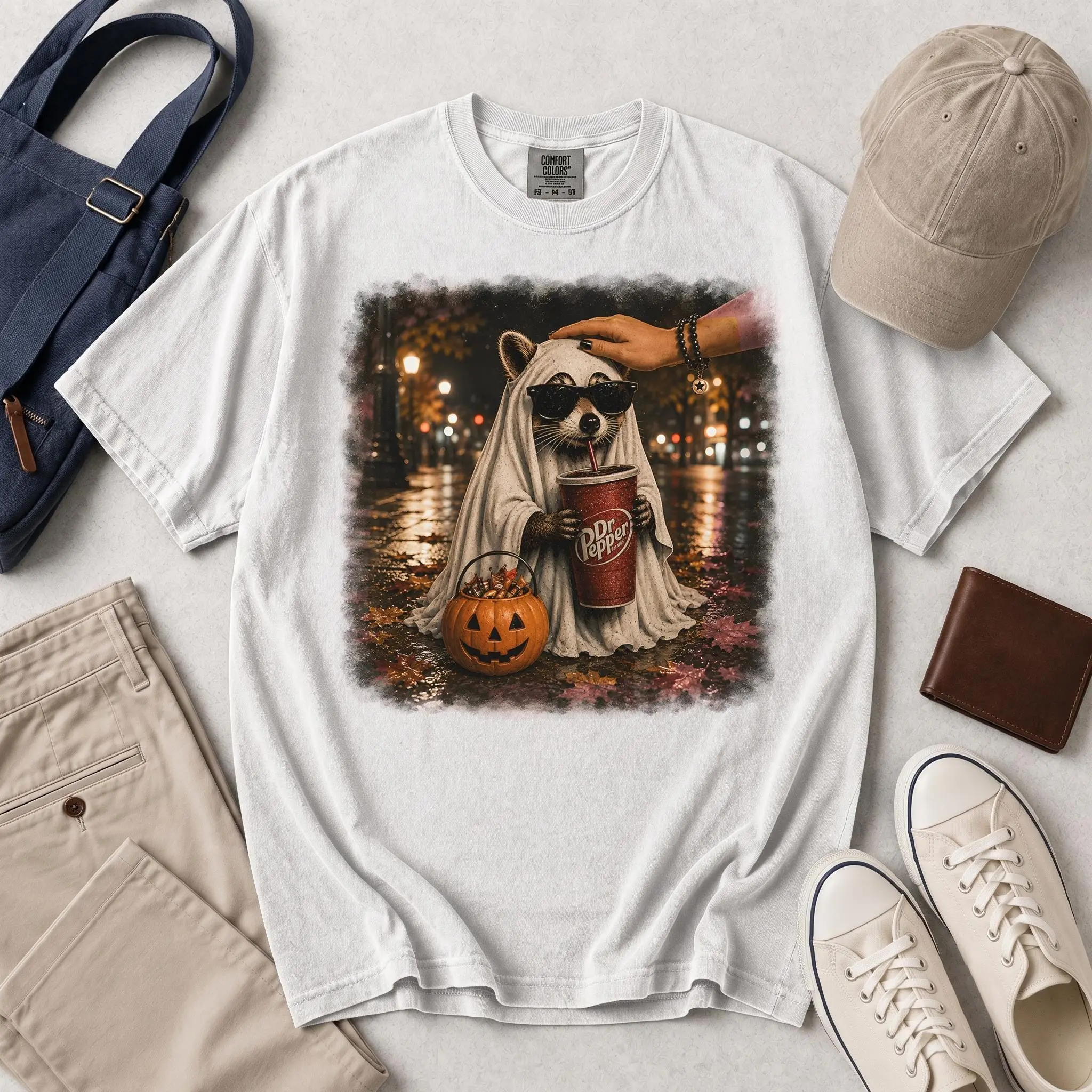Ghost Raccoon Sunglasses Shirt, Trendy Soda Cup Halloween Tee, Funny Street Style Autumn Comfort Colors Gift - photo 3