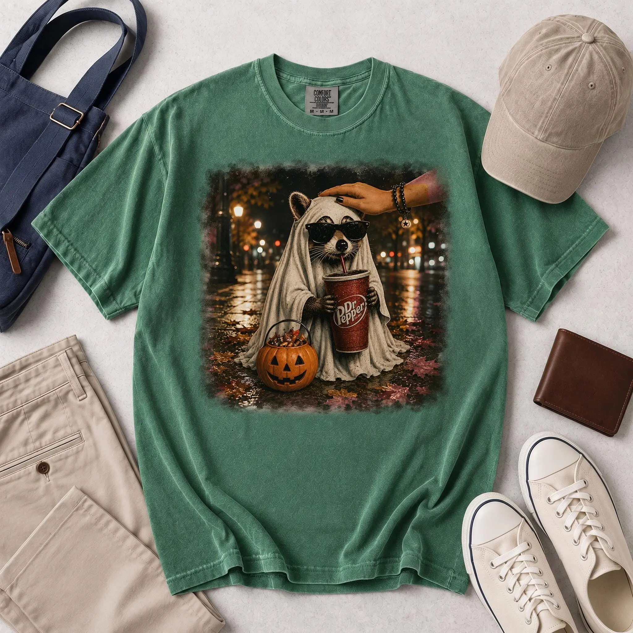 Ghost Raccoon Sunglasses Shirt, Trendy Soda Cup Halloween Tee, Funny Street Style Autumn Comfort Colors Gift - photo 4