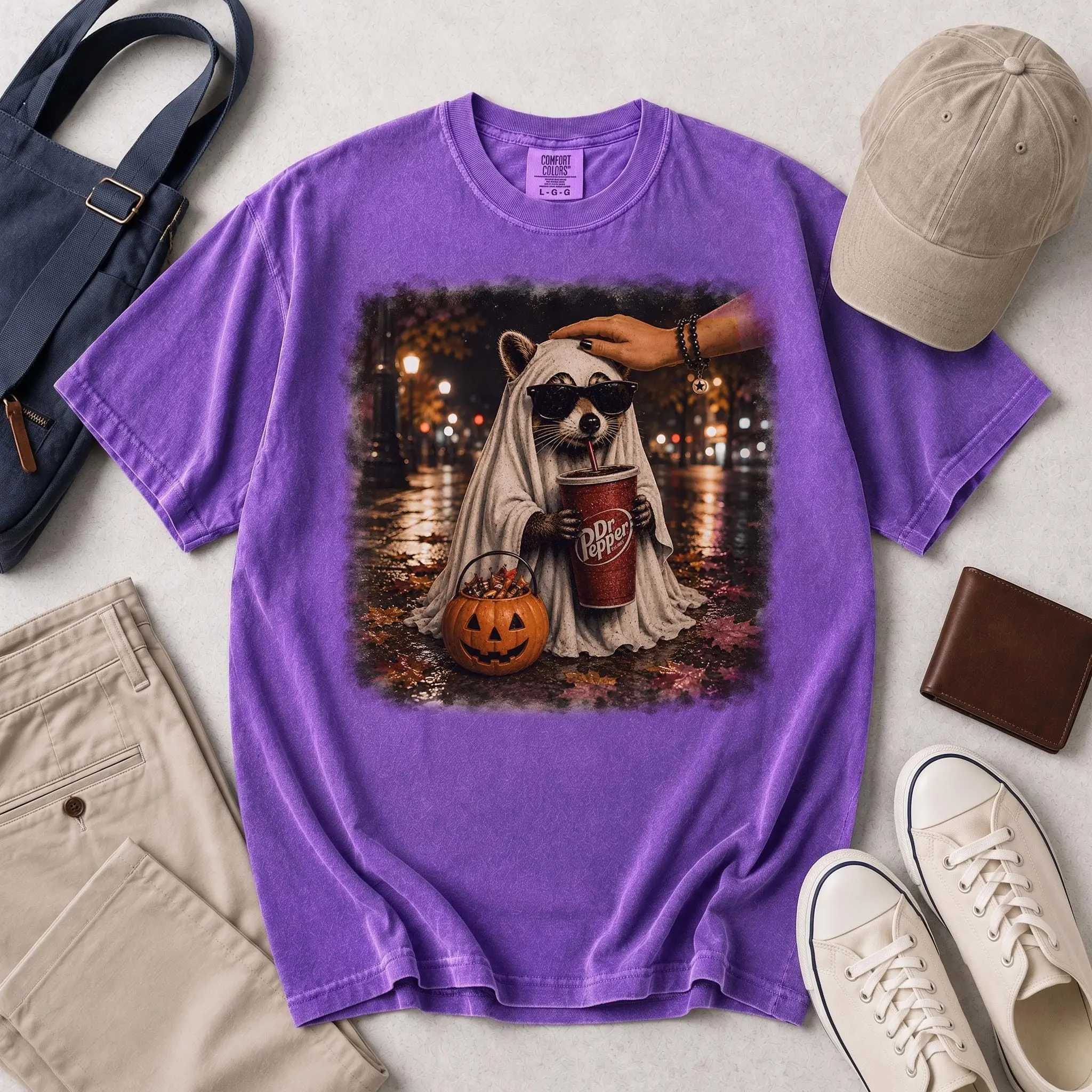 Ghost Raccoon Sunglasses Shirt, Trendy Soda Cup Halloween Tee, Funny Street Style Autumn Comfort Colors Gift - photo 5