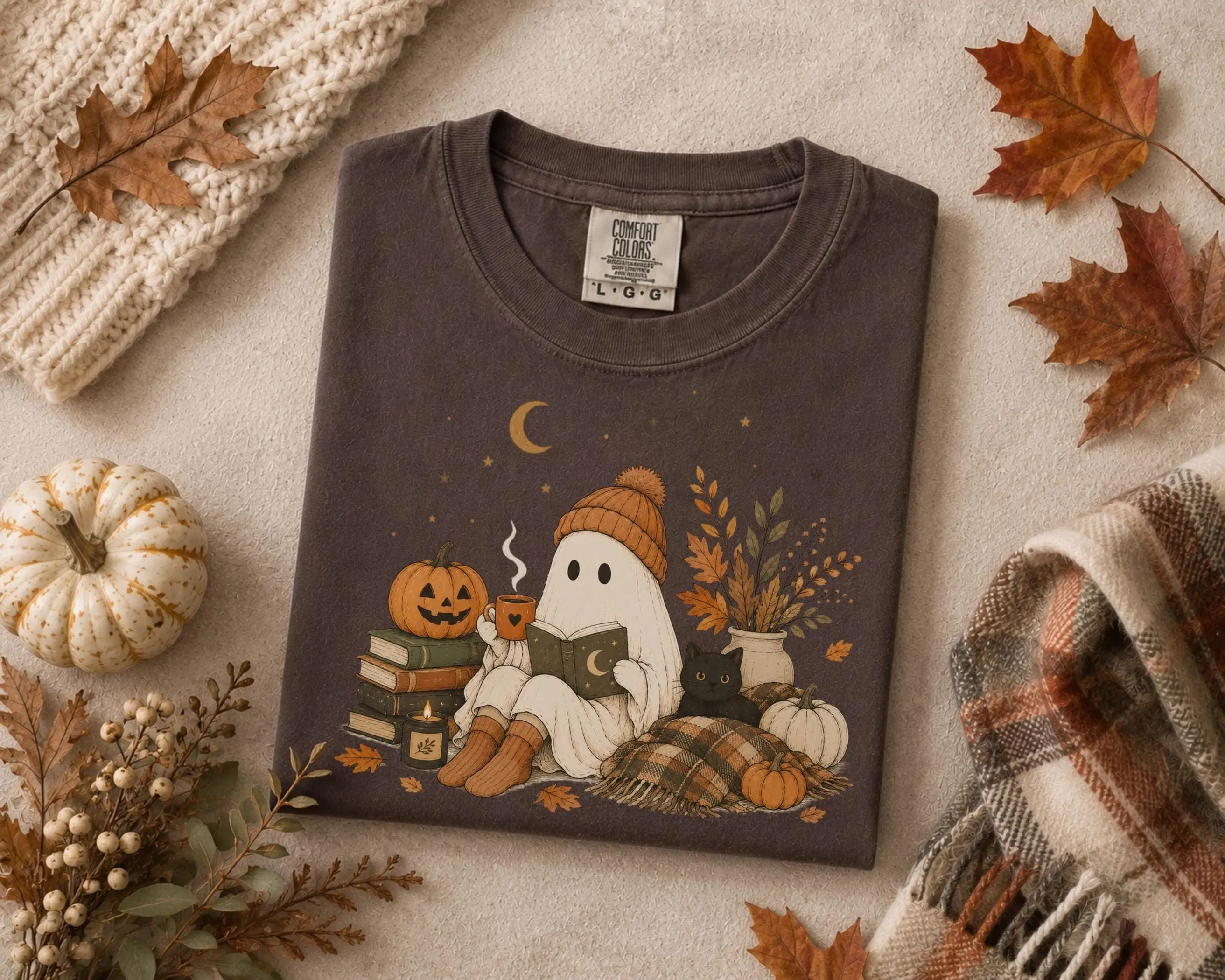 Ghost Reading Book Halloween Shirt | Cozy Fall Spooky Season Tee | Cute Autumn Graphic Tee