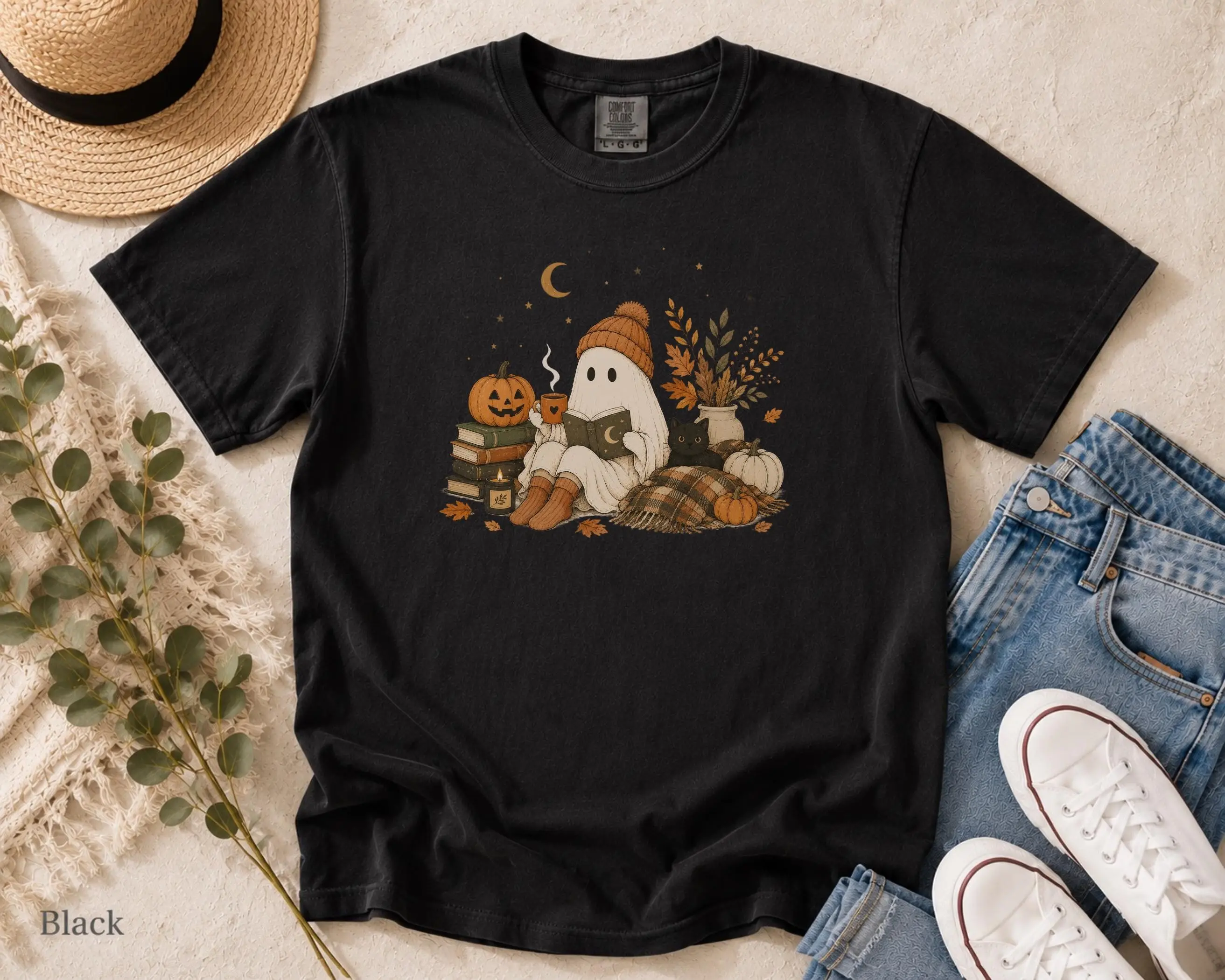 Ghost Reading Book Halloween Shirt | Cozy Fall Spooky Season Tee | Cute Autumn Graphic Tee - photo 2