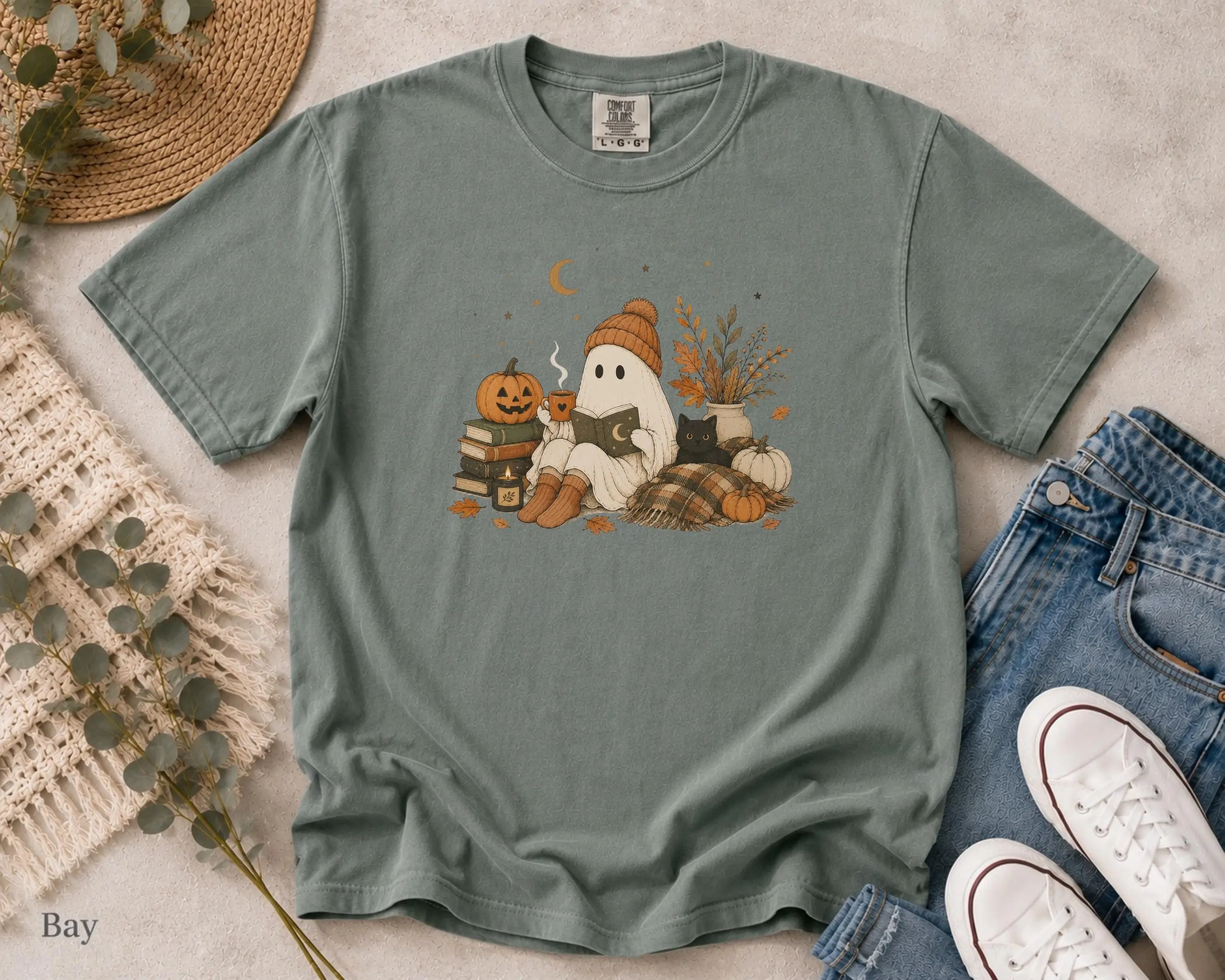Ghost Reading Book Halloween Shirt | Cozy Fall Spooky Season Tee | Cute Autumn Graphic Tee - photo 4