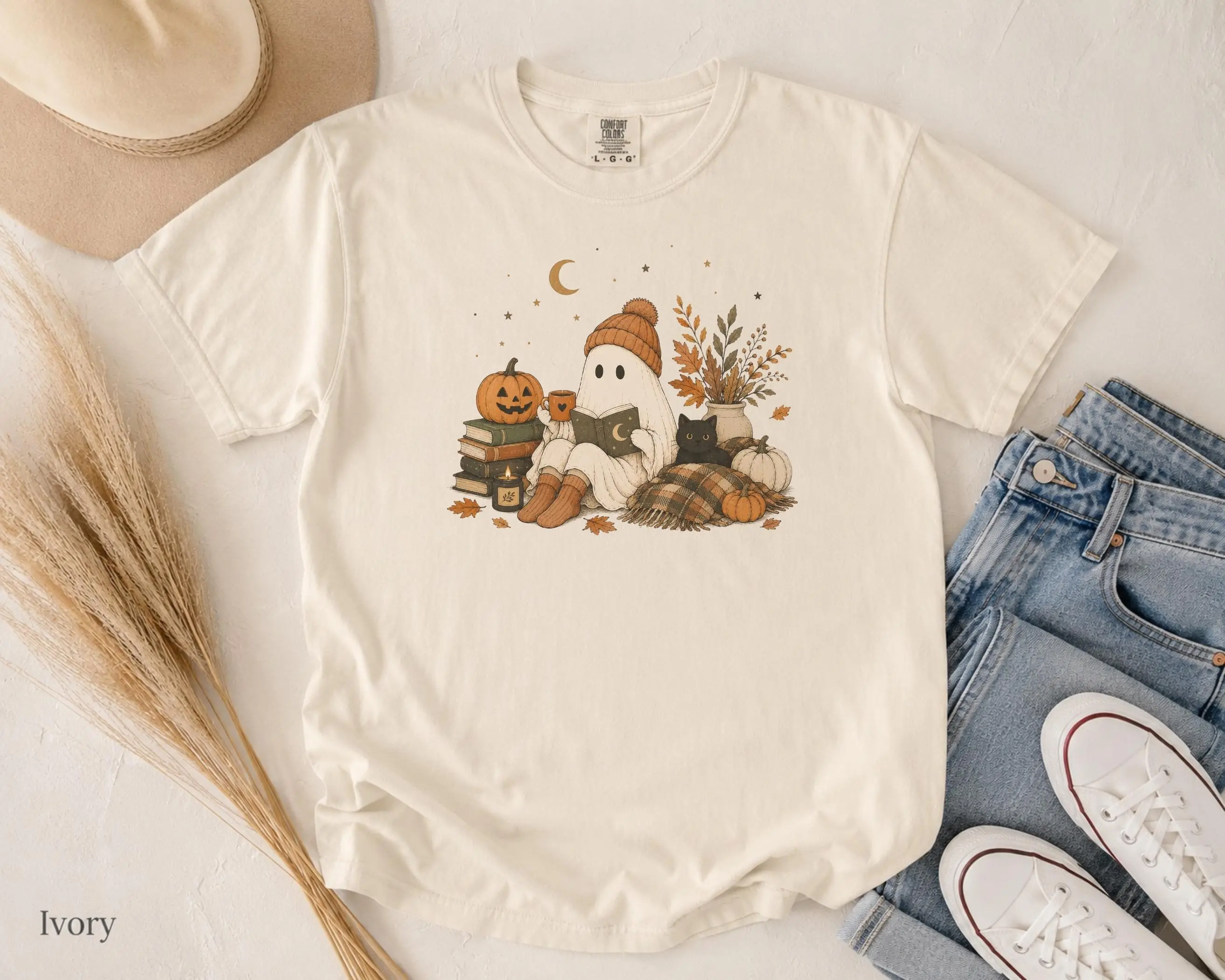 Ghost Reading Book Halloween Shirt | Cozy Fall Spooky Season Tee | Cute Autumn Graphic Tee - photo 5