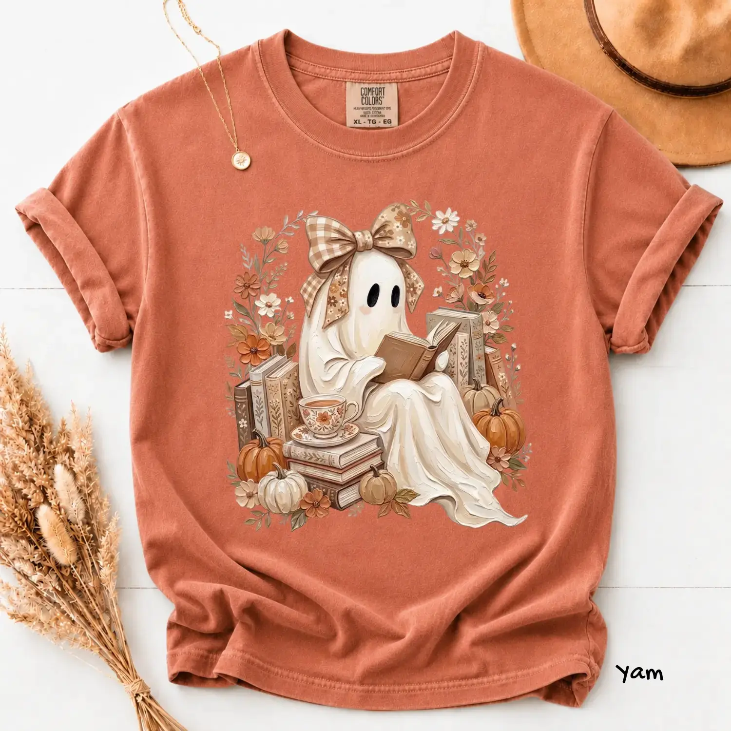 Comfort Colors Ghost Reading Book Halloween T-Shirt, Cute Lover Cozy Floral Spooky Season Fall Tee