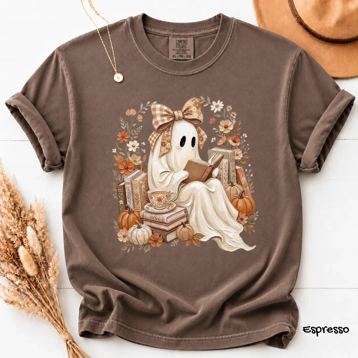 Comfort Colors Ghost Reading Book Halloween T-Shirt, Cute Lover Cozy Floral Spooky Season Fall Tee - photo 2