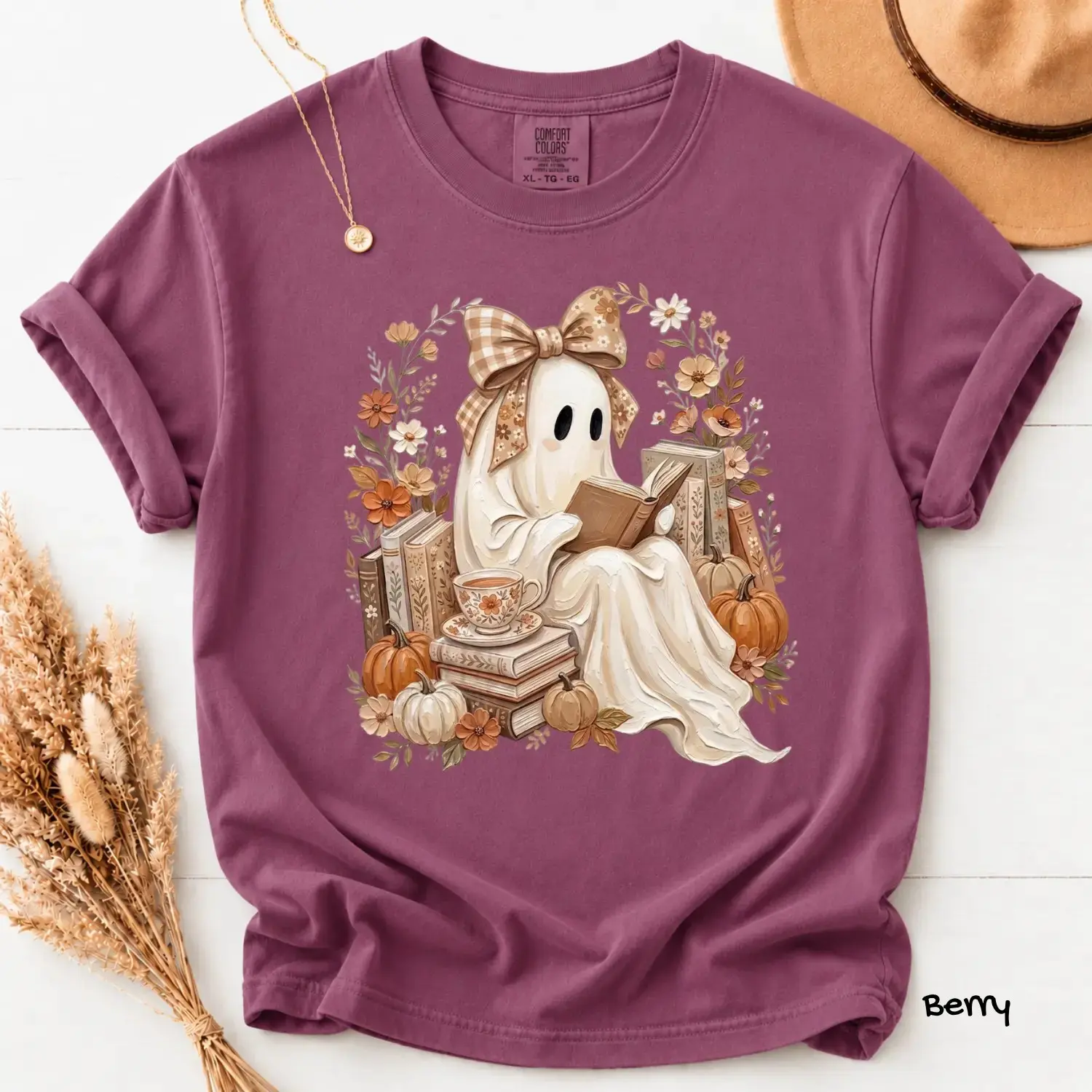 Comfort Colors Ghost Reading Book Halloween T-Shirt, Cute Lover Cozy Floral Spooky Season Fall Tee - photo 3