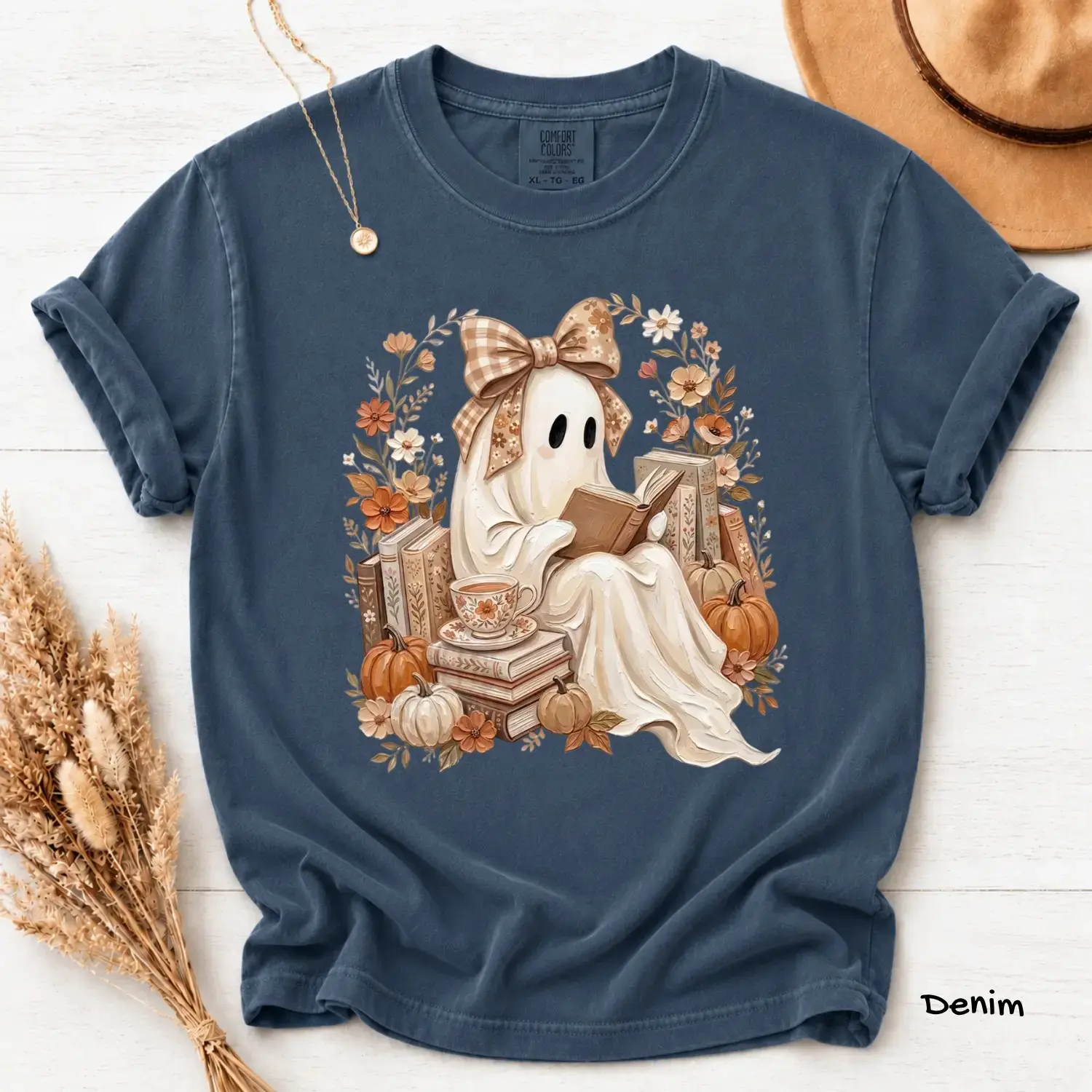 Comfort Colors Ghost Reading Book Halloween T-Shirt, Cute Lover Cozy Floral Spooky Season Fall Tee - photo 4