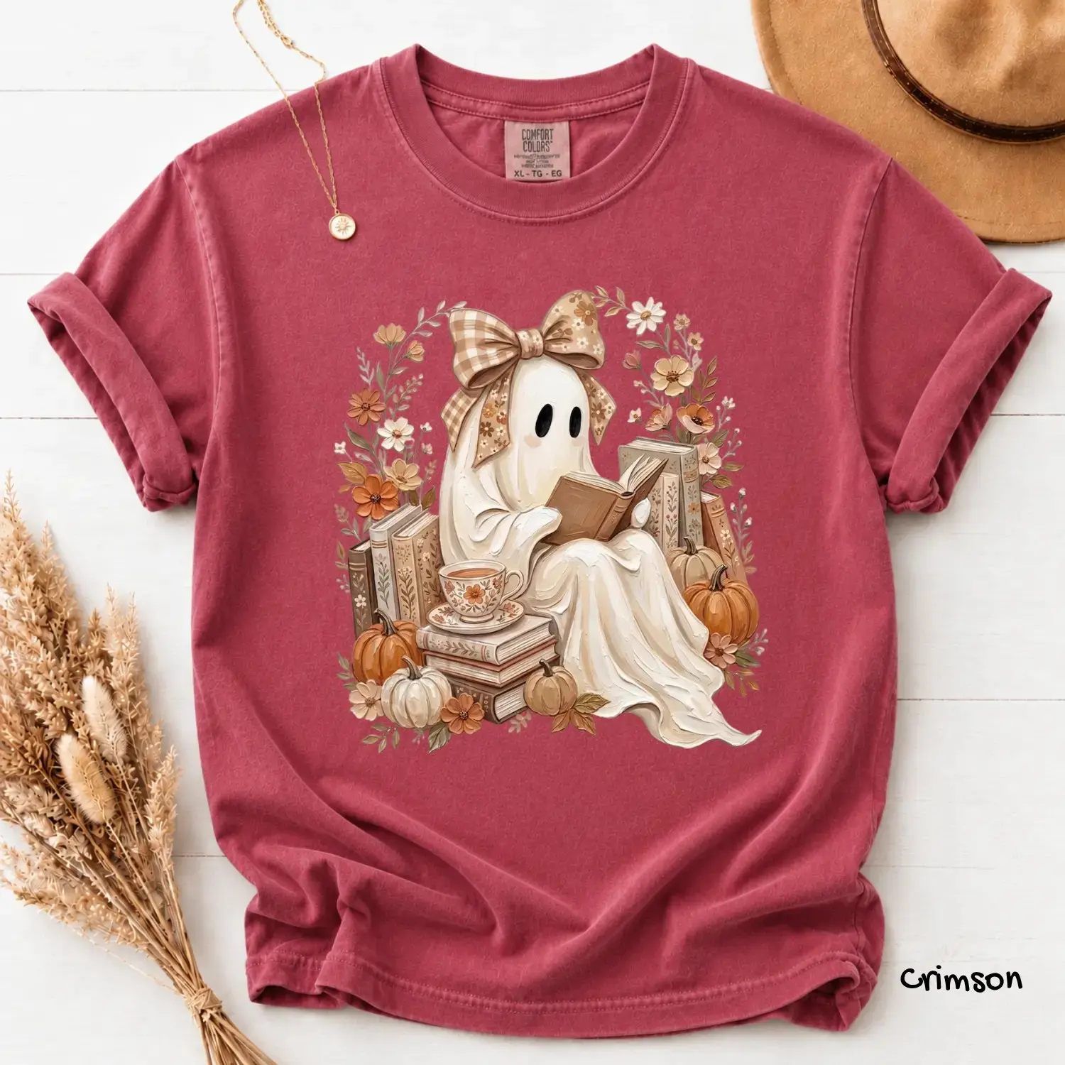 Comfort Colors Ghost Reading Book Halloween T-Shirt, Cute Lover Cozy Floral Spooky Season Fall Tee - photo 5
