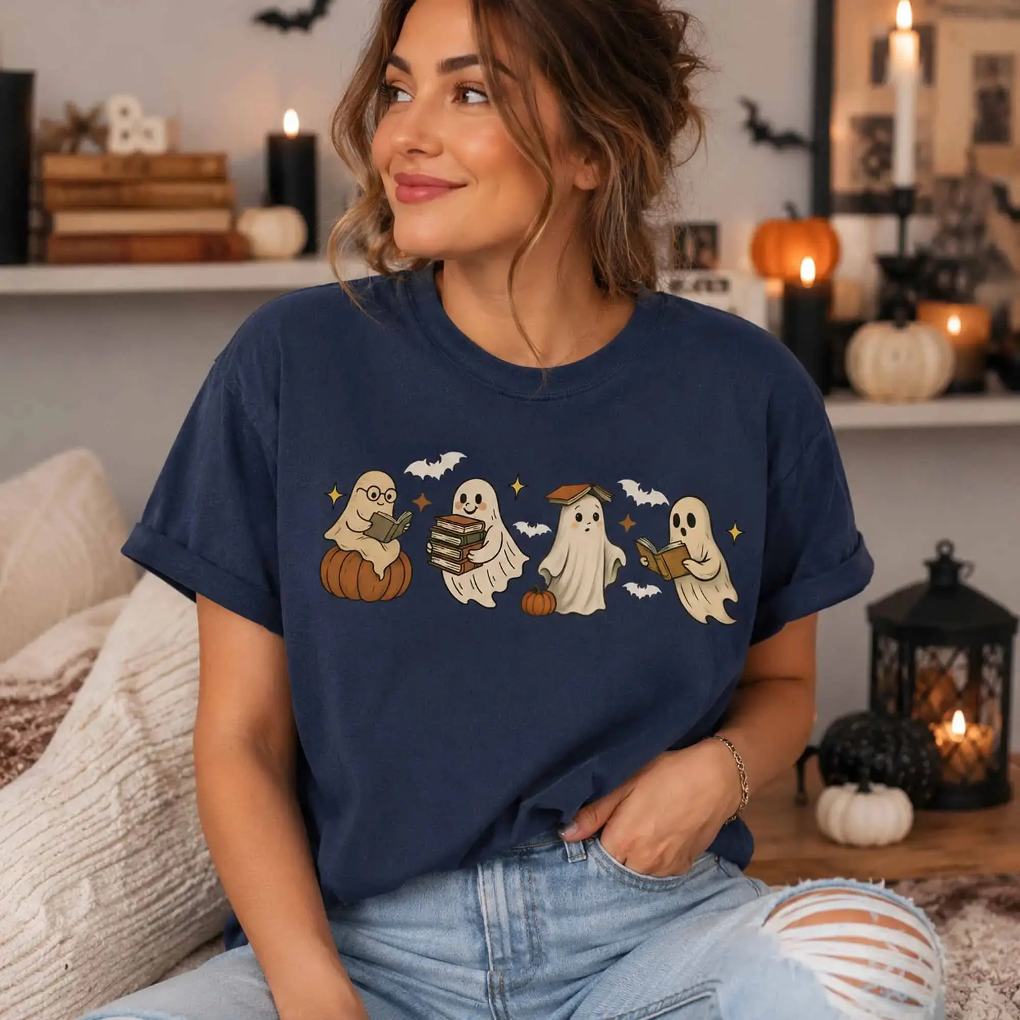 Cute Ghost Reading Book T-Shirt, Halloween Graphic Tee, Teacher And Spooky Bookworm Lover Gift - photo 4
