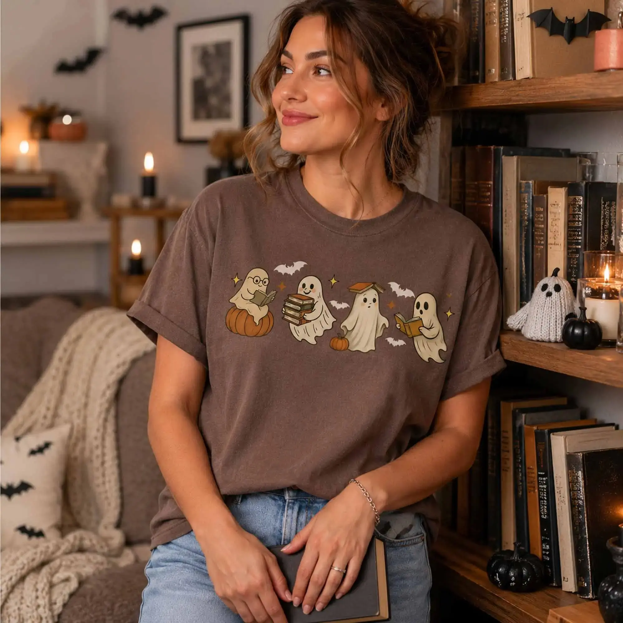 Cute Ghost Reading Book T-Shirt, Halloween Graphic Tee, Teacher And Spooky Bookworm Lover Gift - photo 5