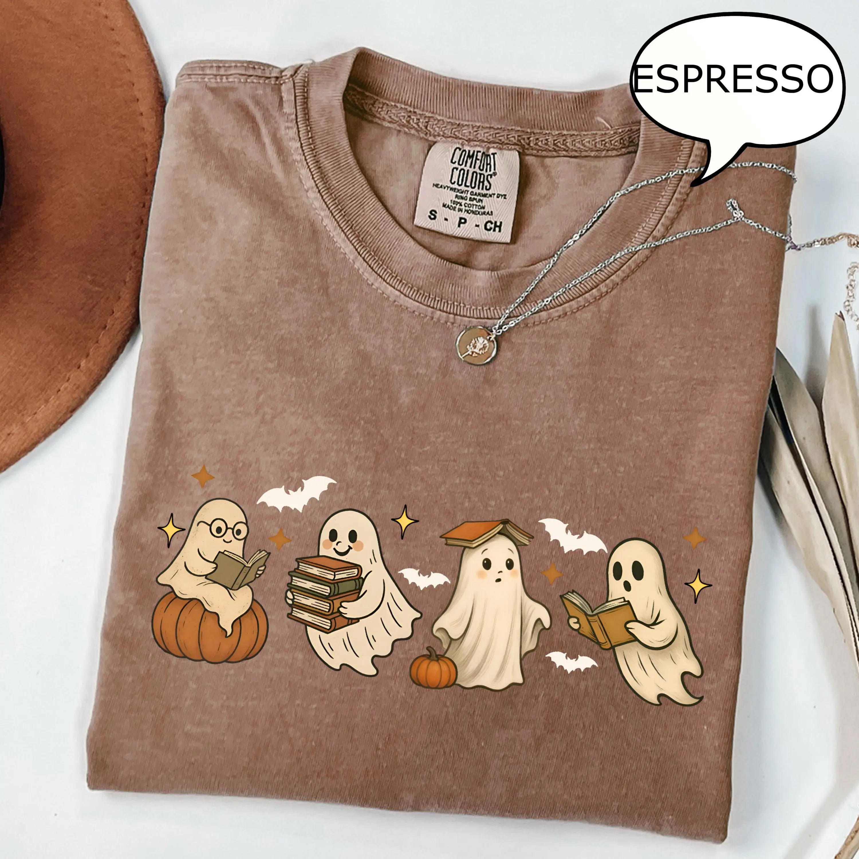 Comfort Colors Ghost Reading Halloween Shirt, Cute Graphic Tee, Teacher Gift for Book Lovers