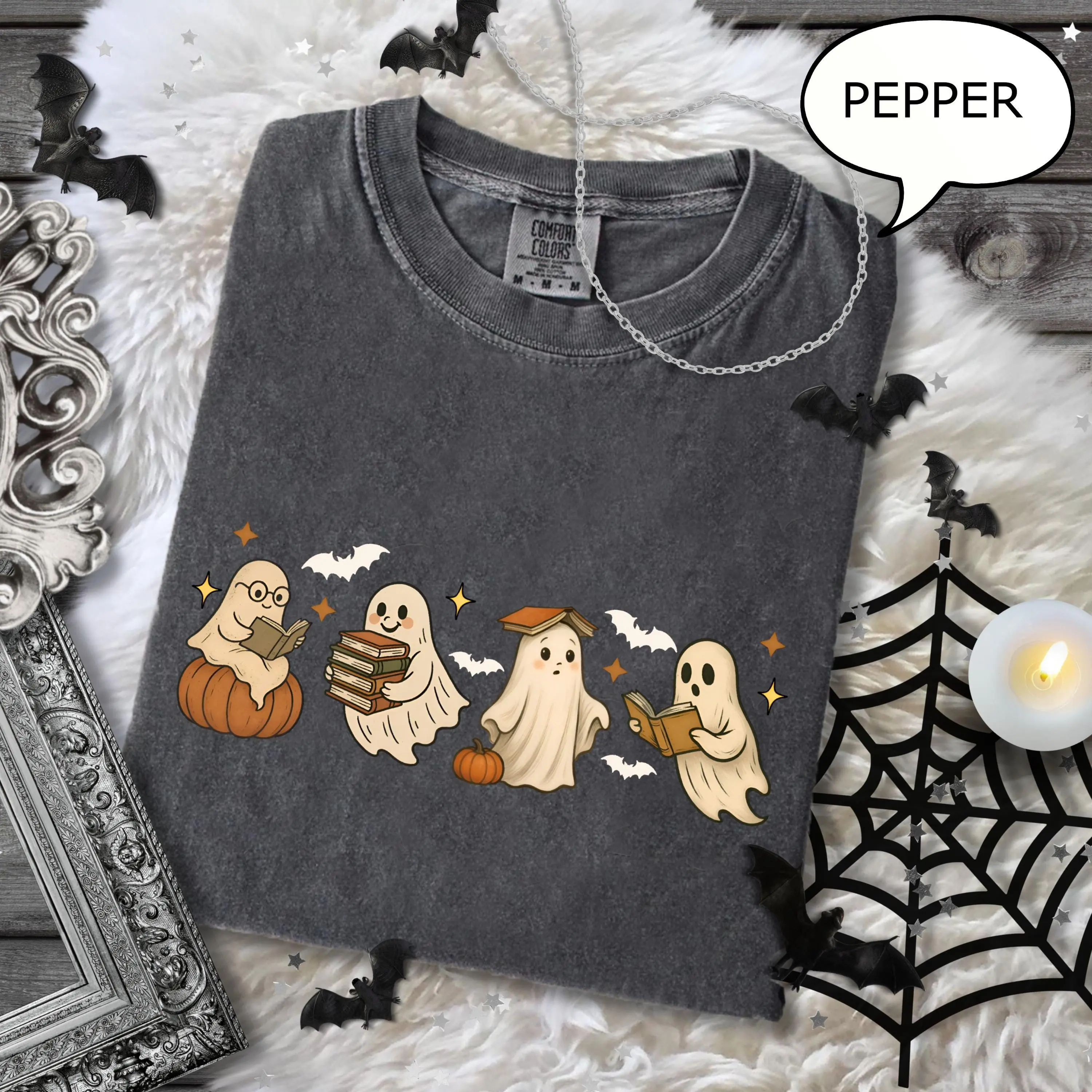 Comfort Colors Ghost Reading Halloween Shirt, Cute Graphic Tee, Teacher Gift for Book Lovers - photo 3