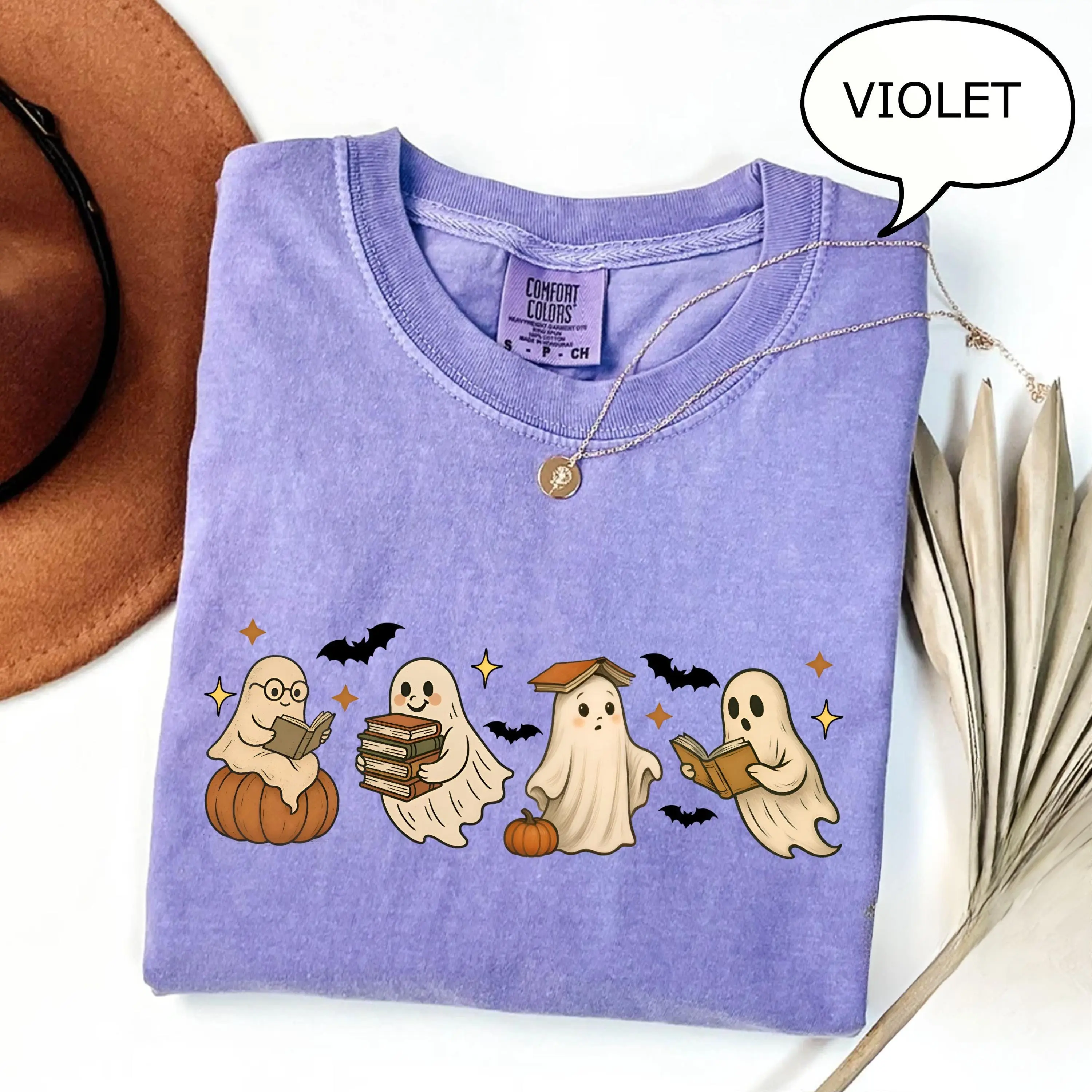 Comfort Colors Ghost Reading Halloween Shirt, Cute Graphic Tee, Teacher Gift for Book Lovers - photo 4