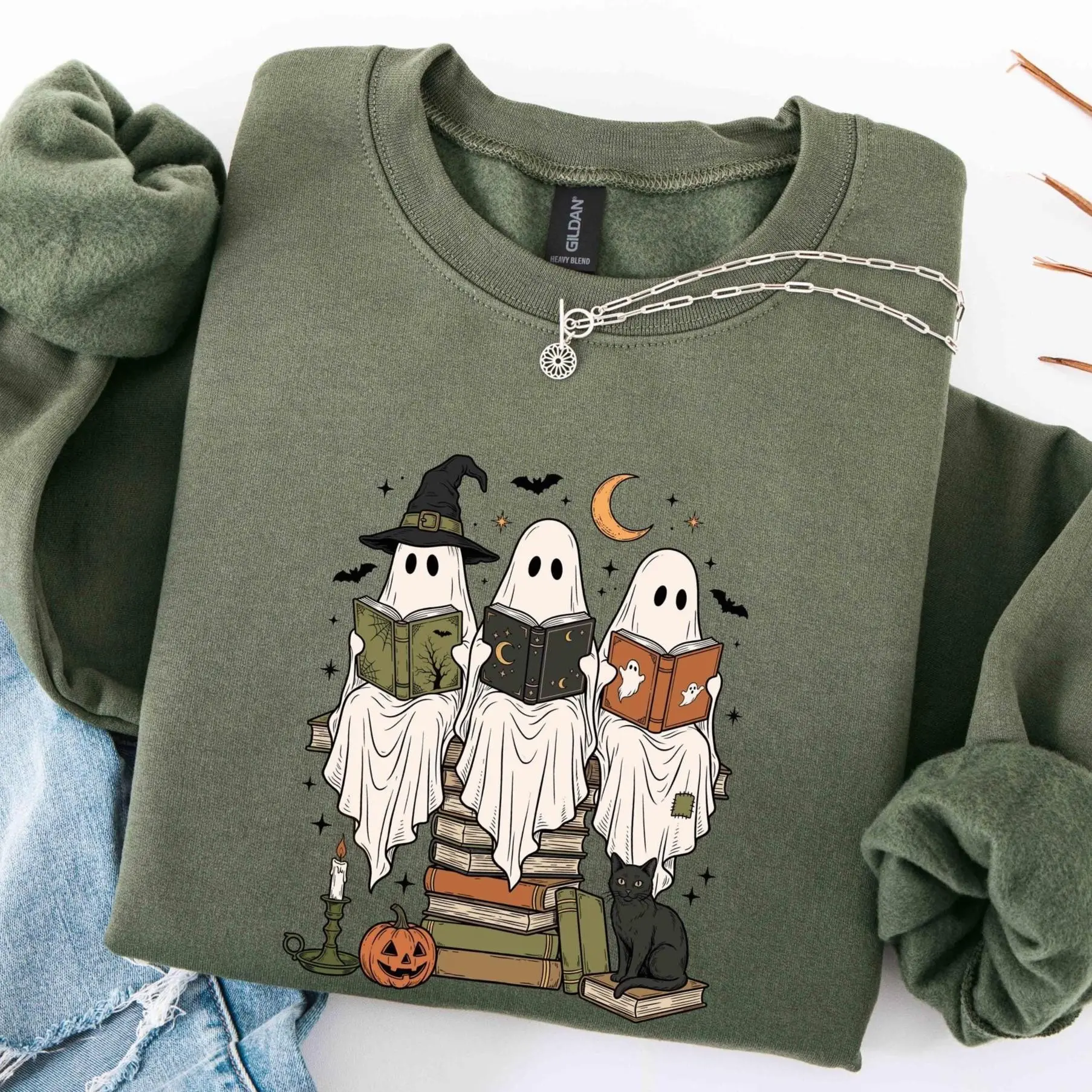 Ghost Reading Books Halloween Sweatshirt, Boo School Librarian Teacher Fall Top, Spooky Retro Book Club Gift