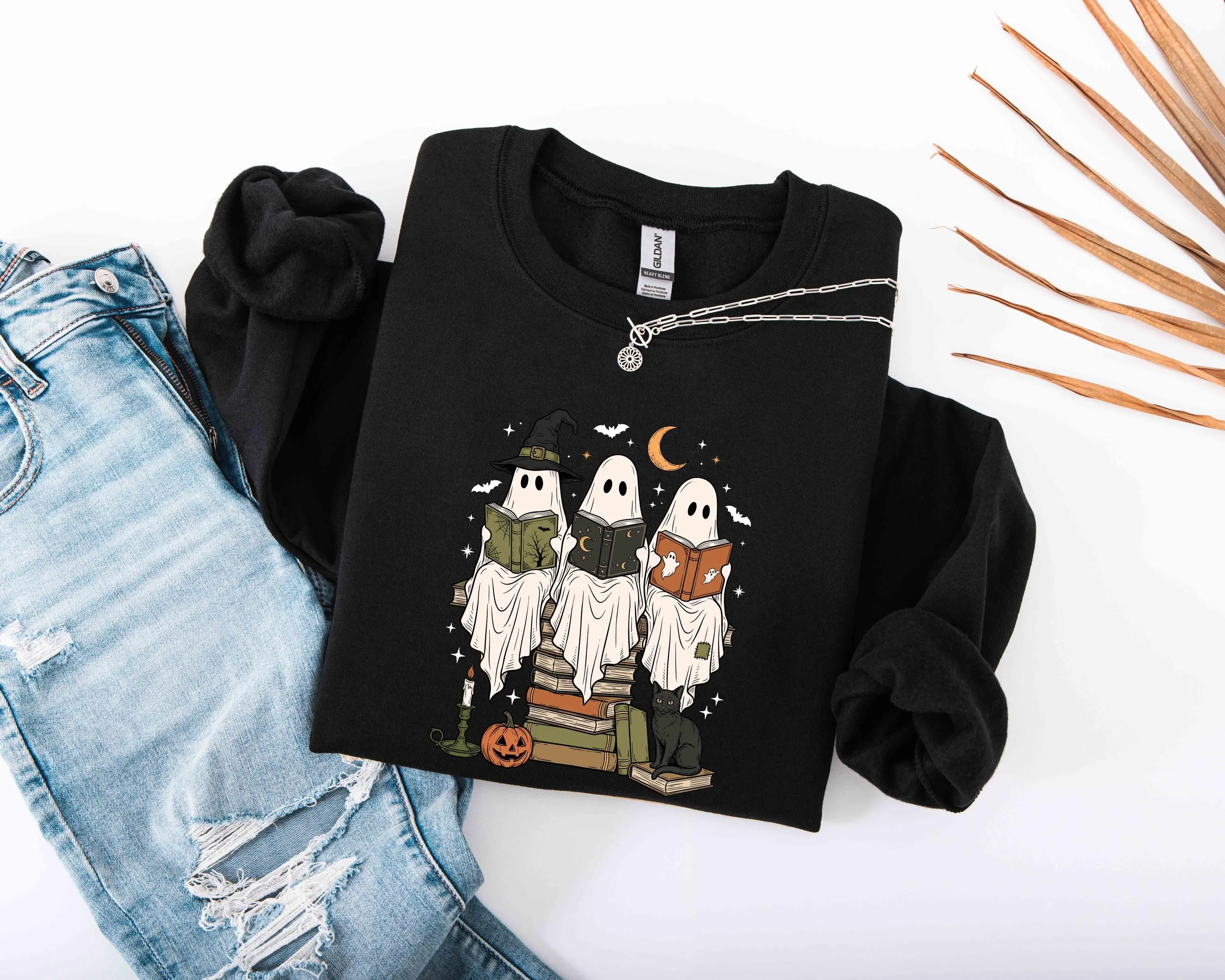 Ghost Reading Books Halloween Sweatshirt, Boo School Librarian Teacher Fall Top, Spooky Retro Book Club Gift - photo 2