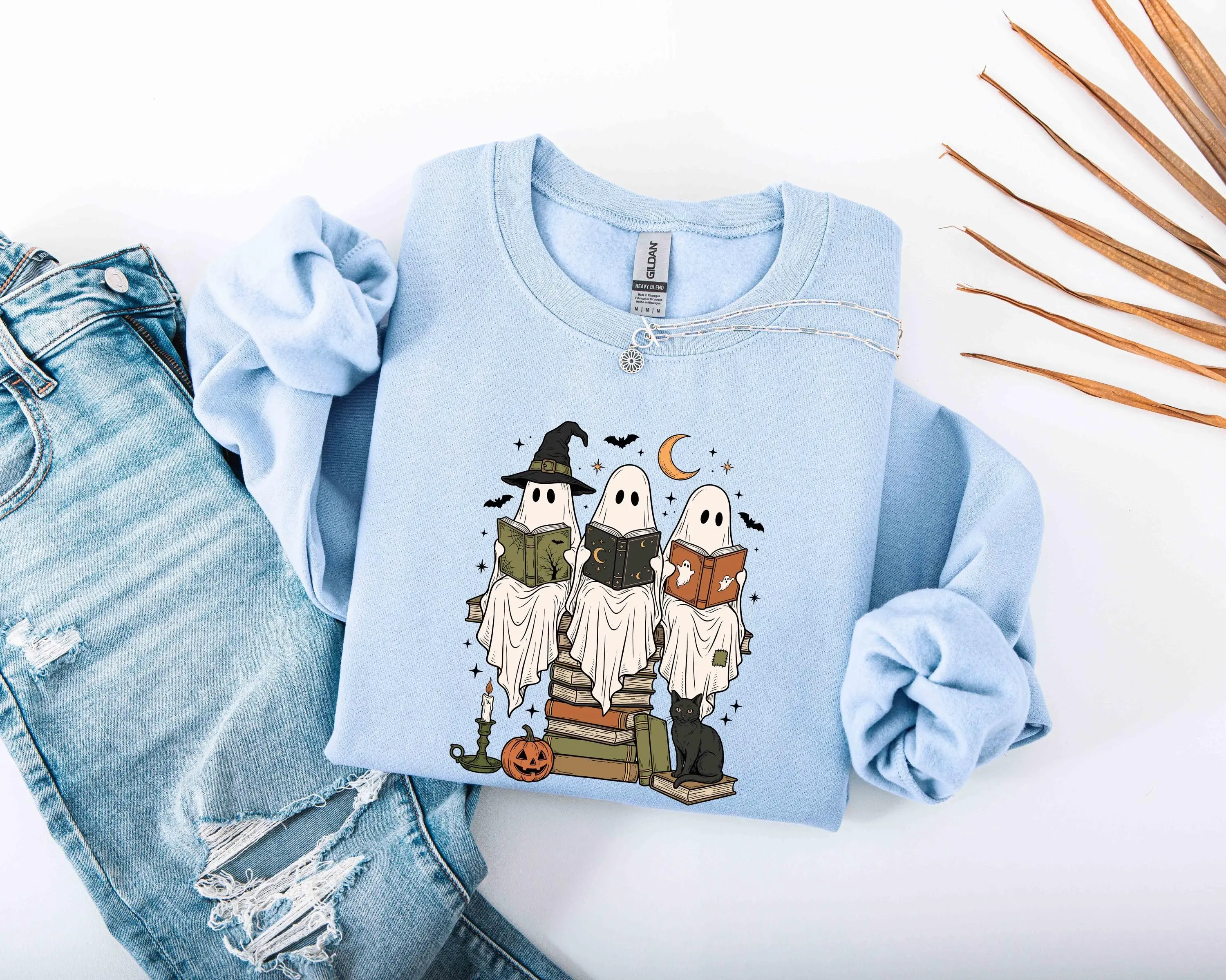 Ghost Reading Books Halloween Sweatshirt, Boo School Librarian Teacher Fall Top, Spooky Retro Book Club Gift - photo 3