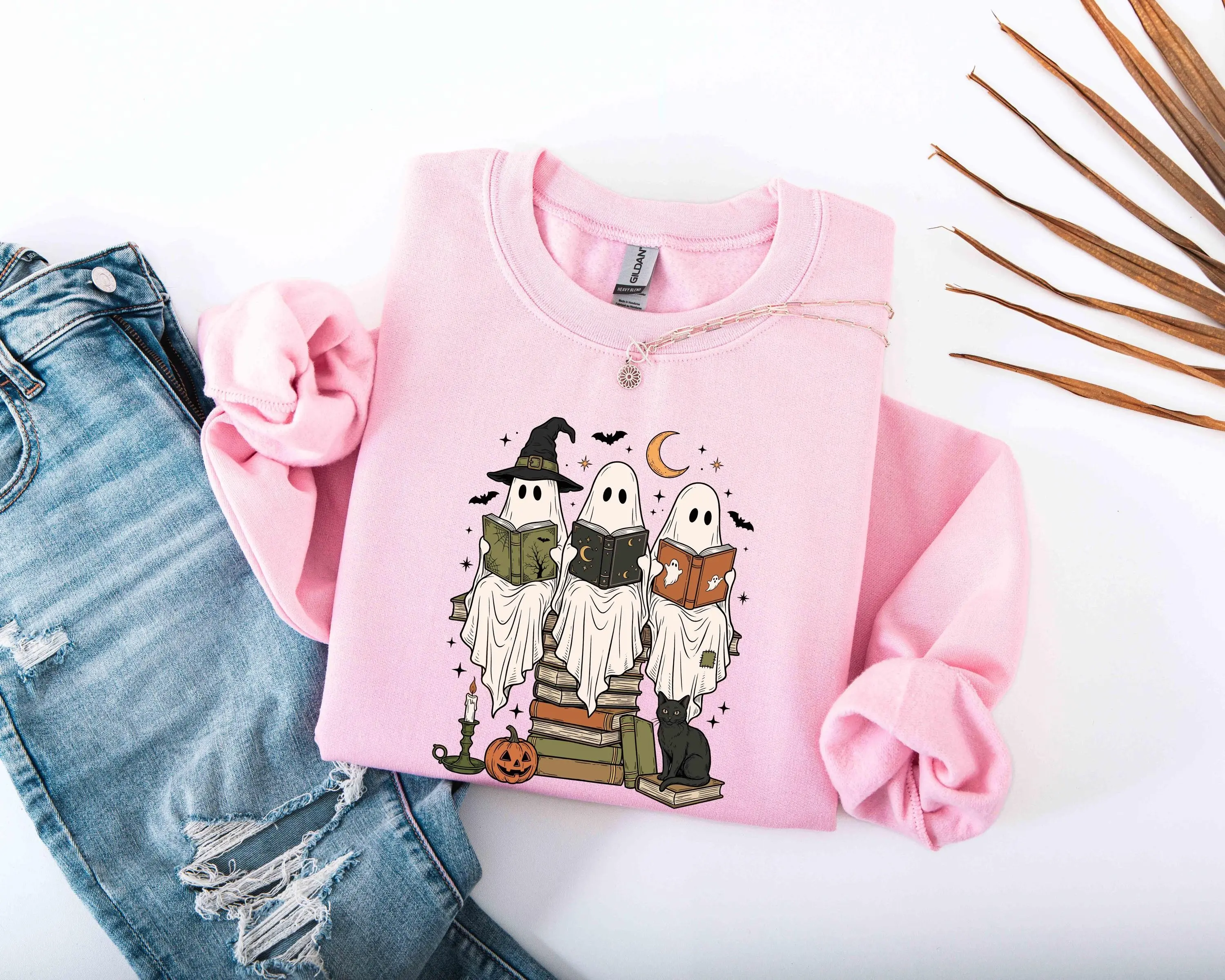 Ghost Reading Books Halloween Sweatshirt, Boo School Librarian Teacher Fall Top, Spooky Retro Book Club Gift - photo 4