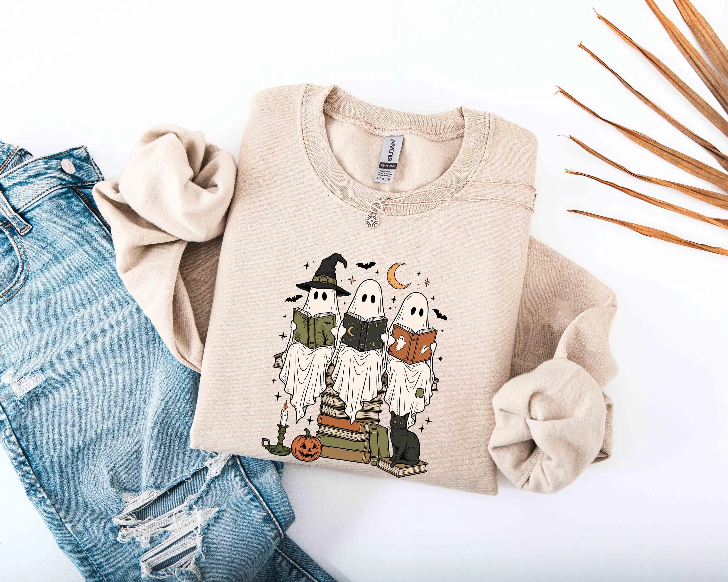 Ghost Reading Books Halloween Sweatshirt, Boo School Librarian Teacher Fall Top, Spooky Retro Book Club Gift - photo 5