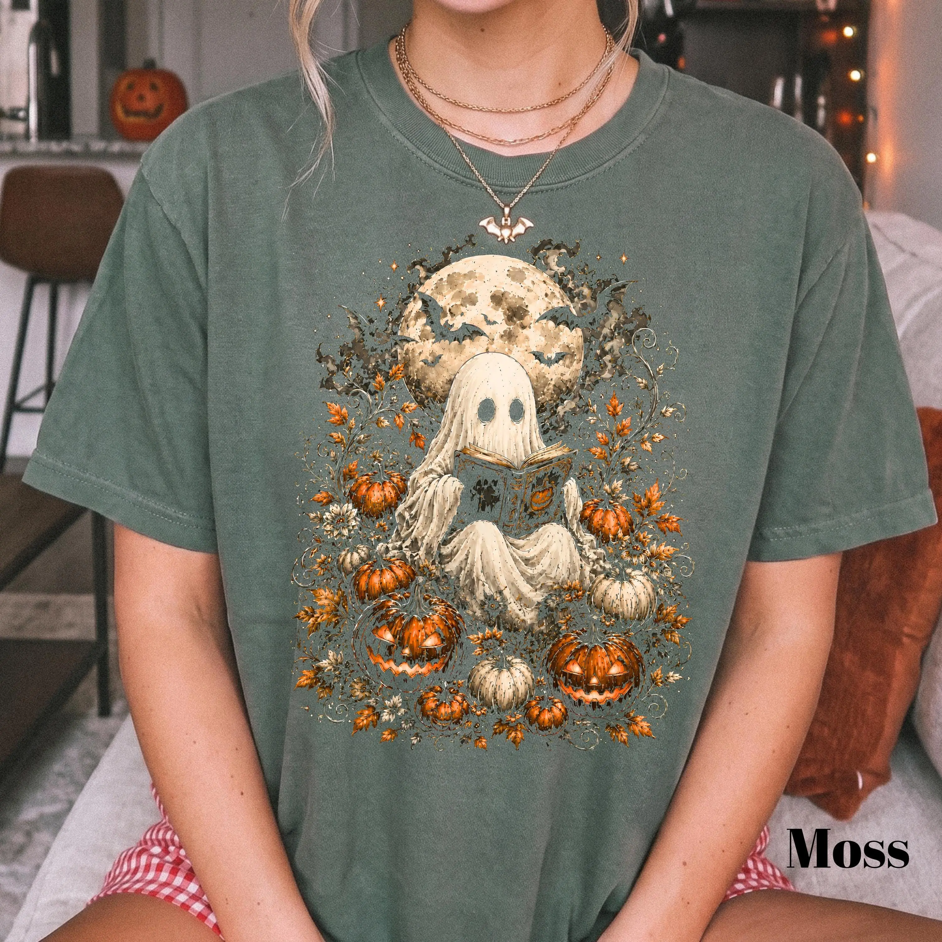 Comfort Colors Ghost Reading Halloween Shirt, Spooky Pumpkin Graphic Tee, Book Lover Gift - photo 5