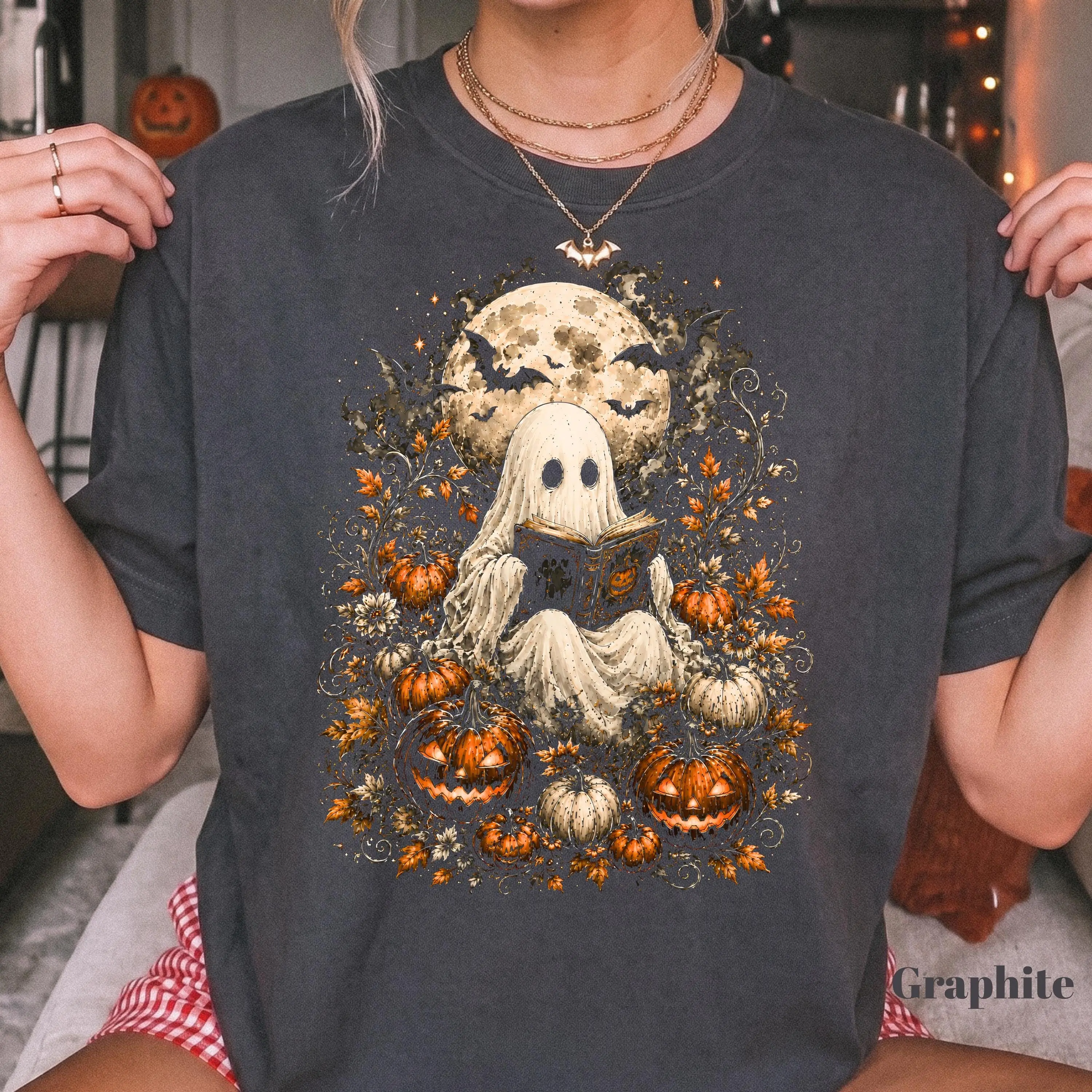 Comfort Colors Ghost Reading Halloween Sweatshirt, Spooky Pumpkin Graphic Crewneck, Book Lover Gift