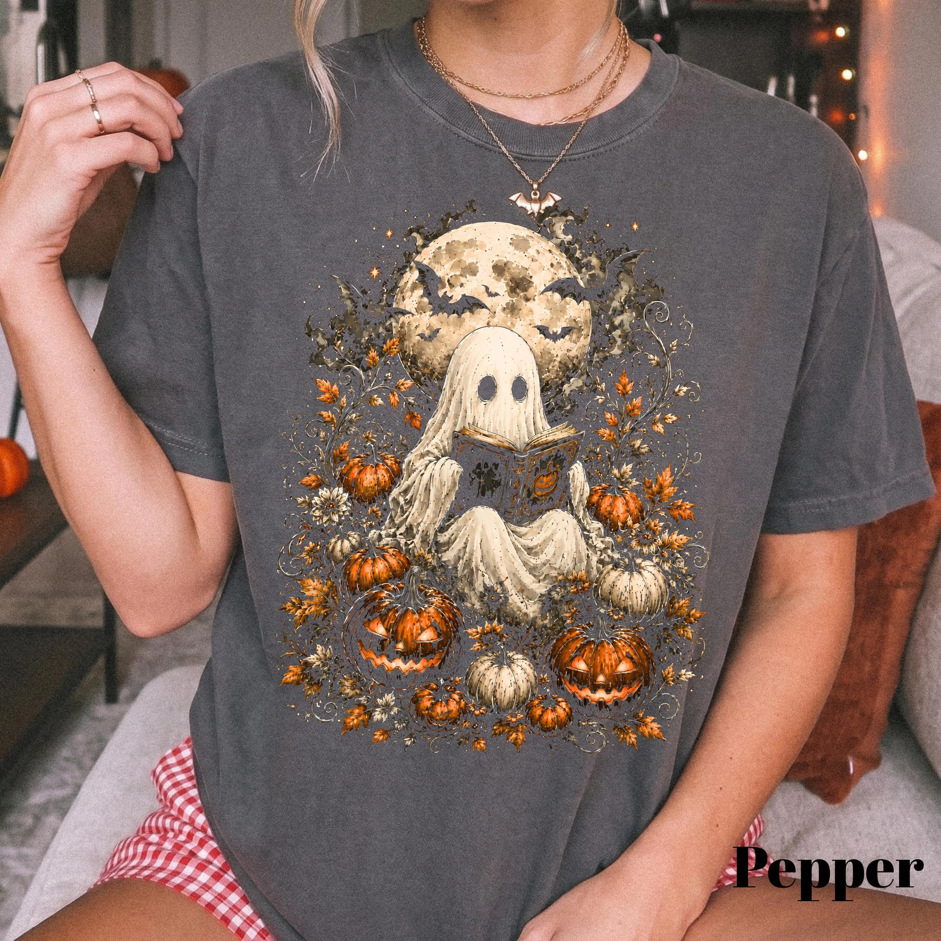 Comfort Colors Ghost Reading Halloween Sweatshirt, Spooky Pumpkin Graphic Crewneck, Book Lover Gift - photo 2